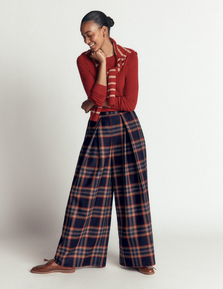 Plissierte Culotte aus Wollmischung-Marineblau, Camel Kariert