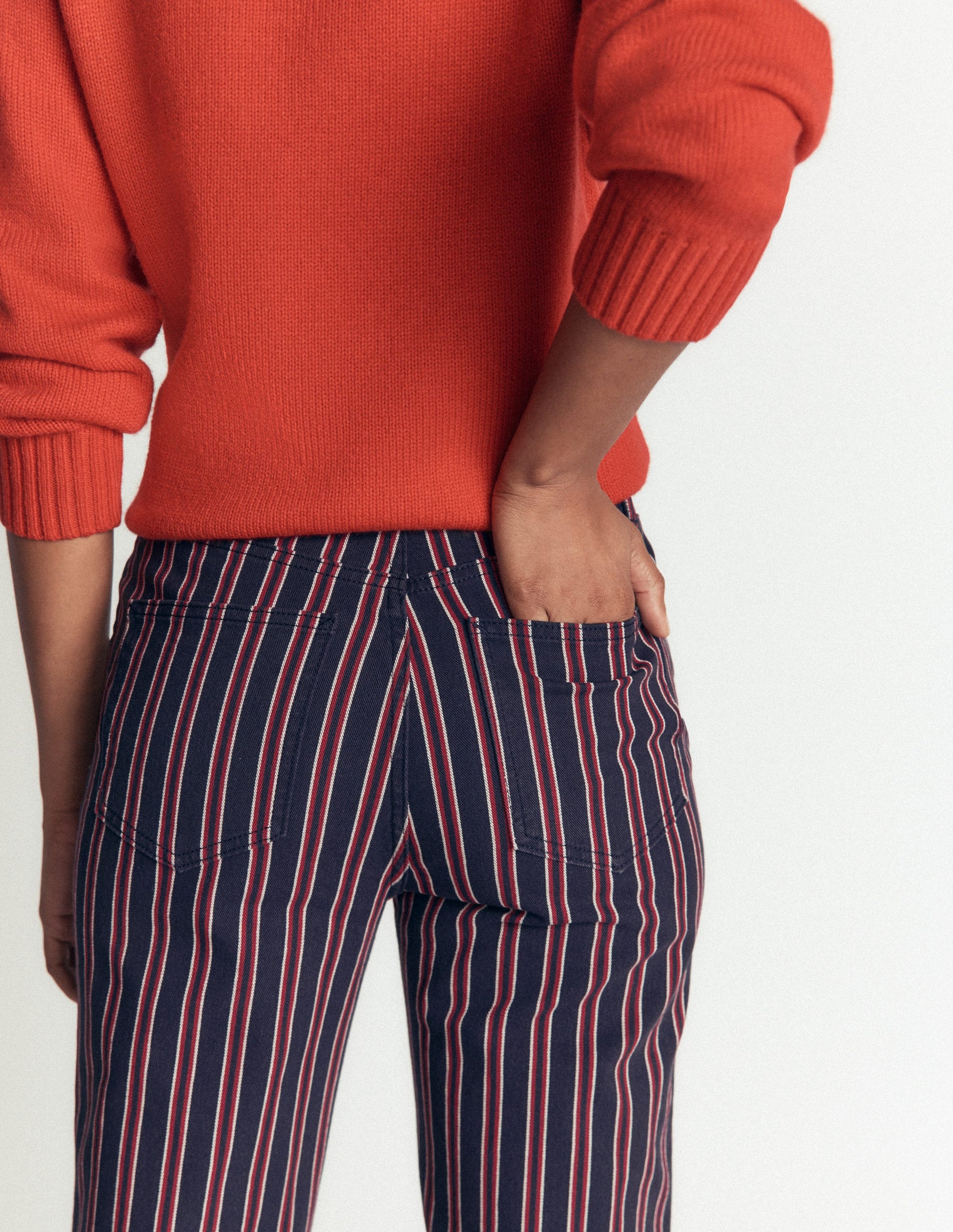 Jeans mit hohem Bund und geradem Bein-Marineblau Rot Streifen-2