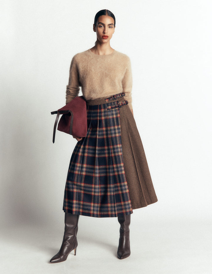 Plissierter Midi-Kilt-Marineblau und Camel Kariert