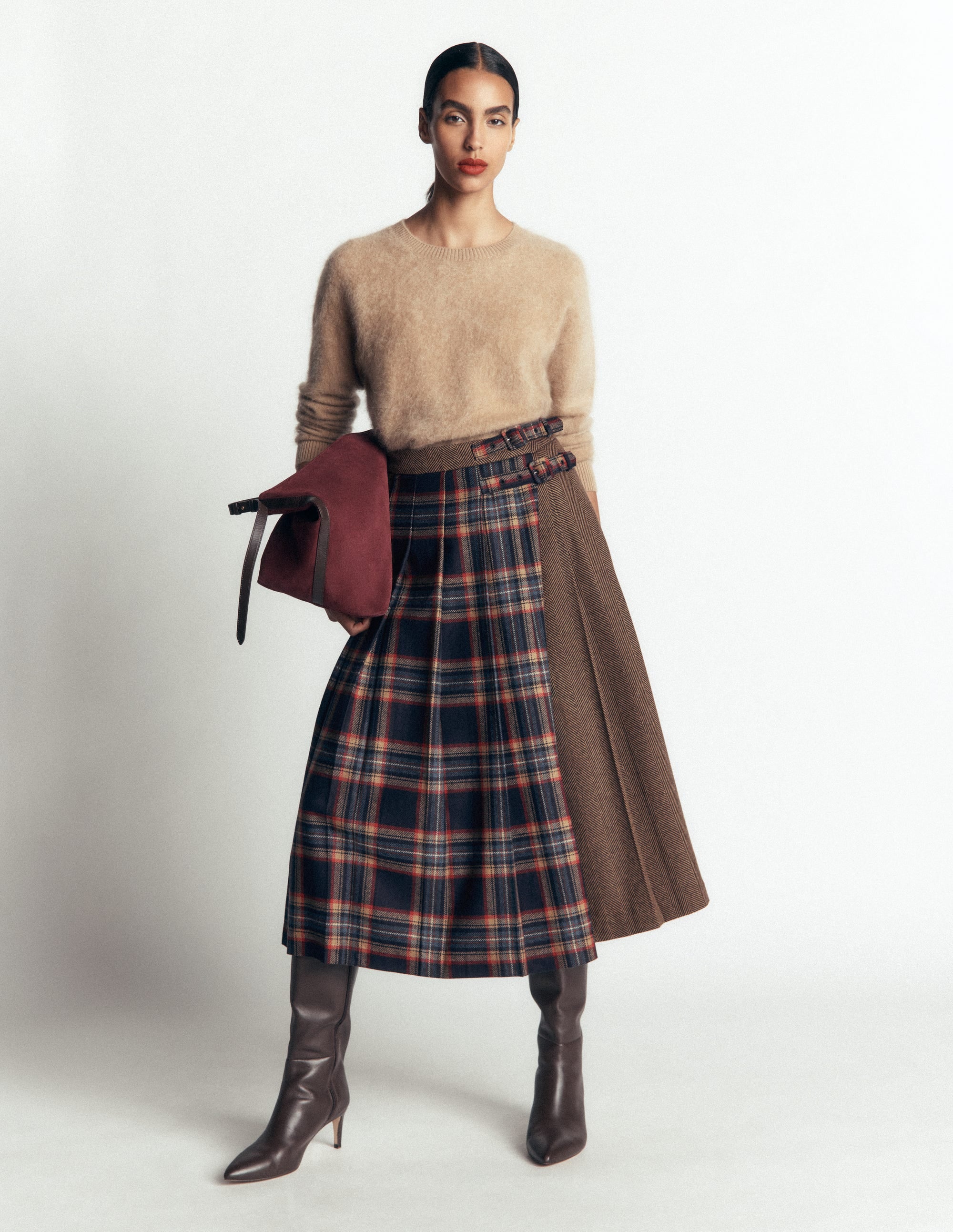 Plissierter Midi-Kilt-Marineblau und Camel Kariert - Image 1