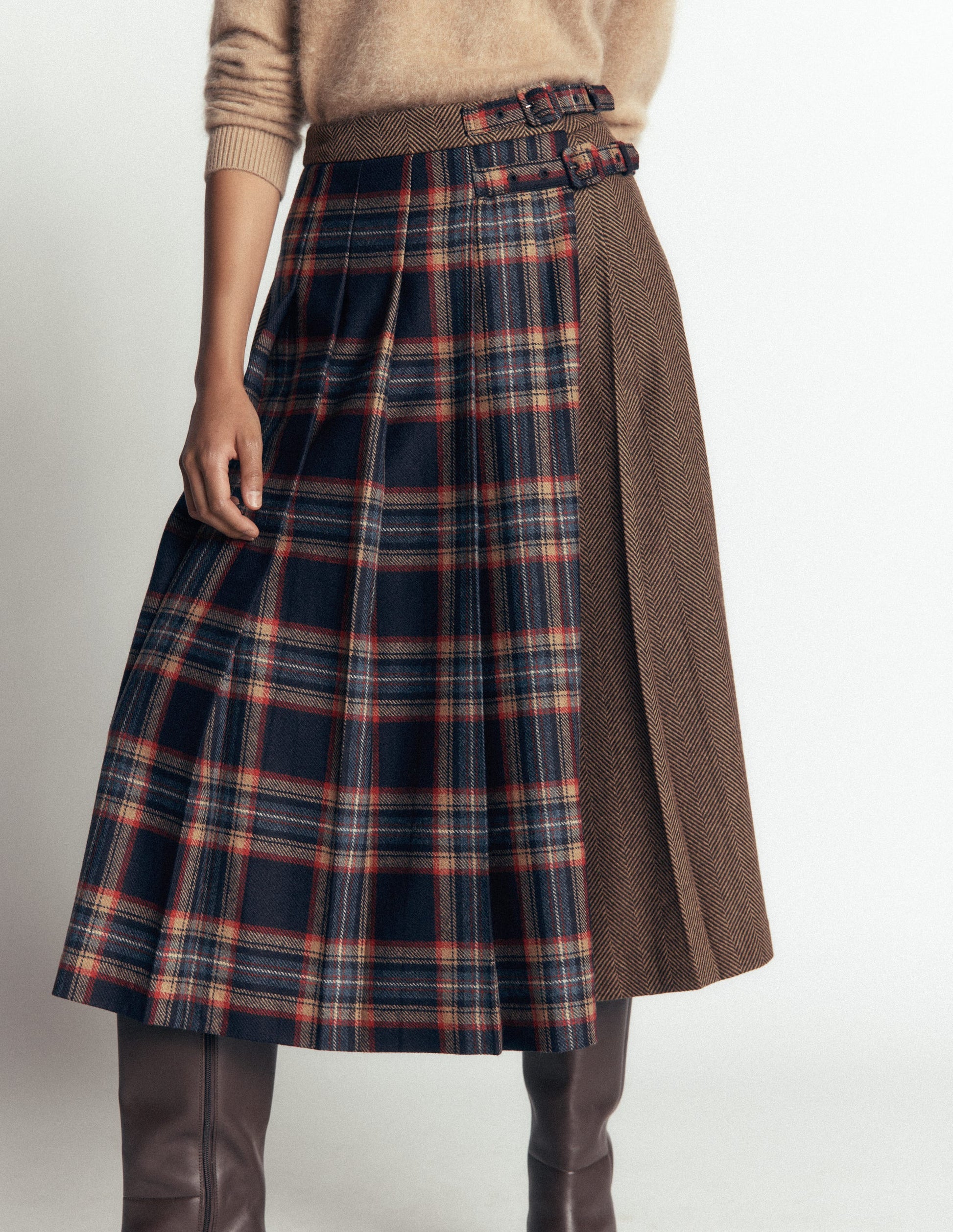 Plissierter Midi-Kilt-Marineblau und Camel Kariert-3