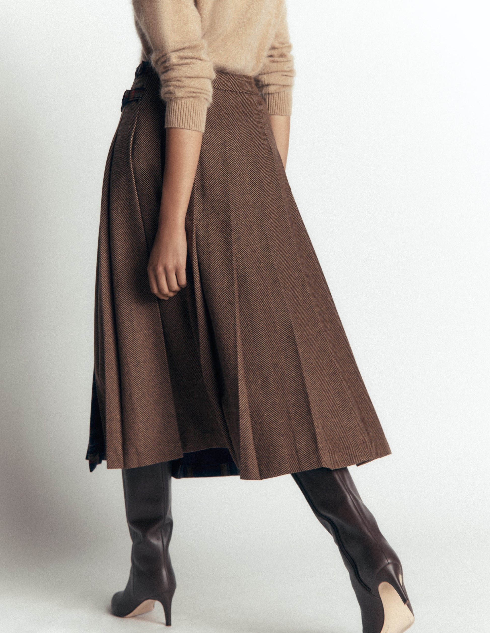 Plissierter Midi-Kilt-Marineblau und Camel Kariert-4