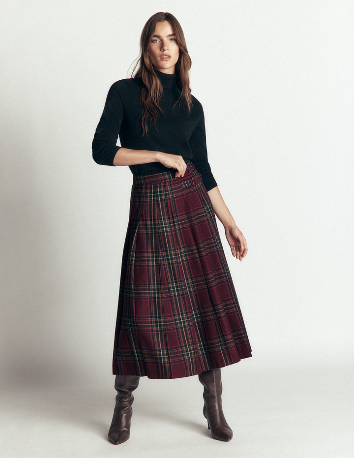 Plissierter Midi-Kilt-Kastanienbraun Und Olivgrün Kariert