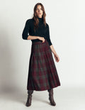 Pleated Midi Kilt-Maroon And Olive Check
