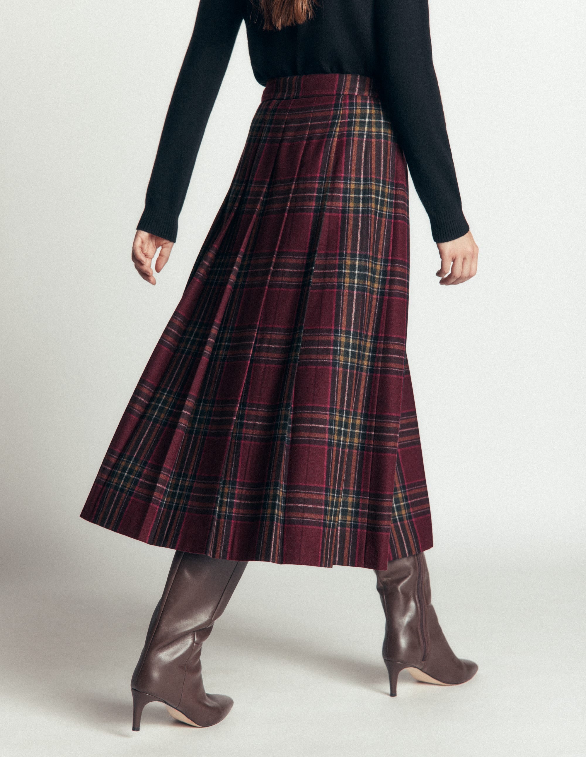 Pleated Midi Kilt-Maroon And Olive Check - Image 3