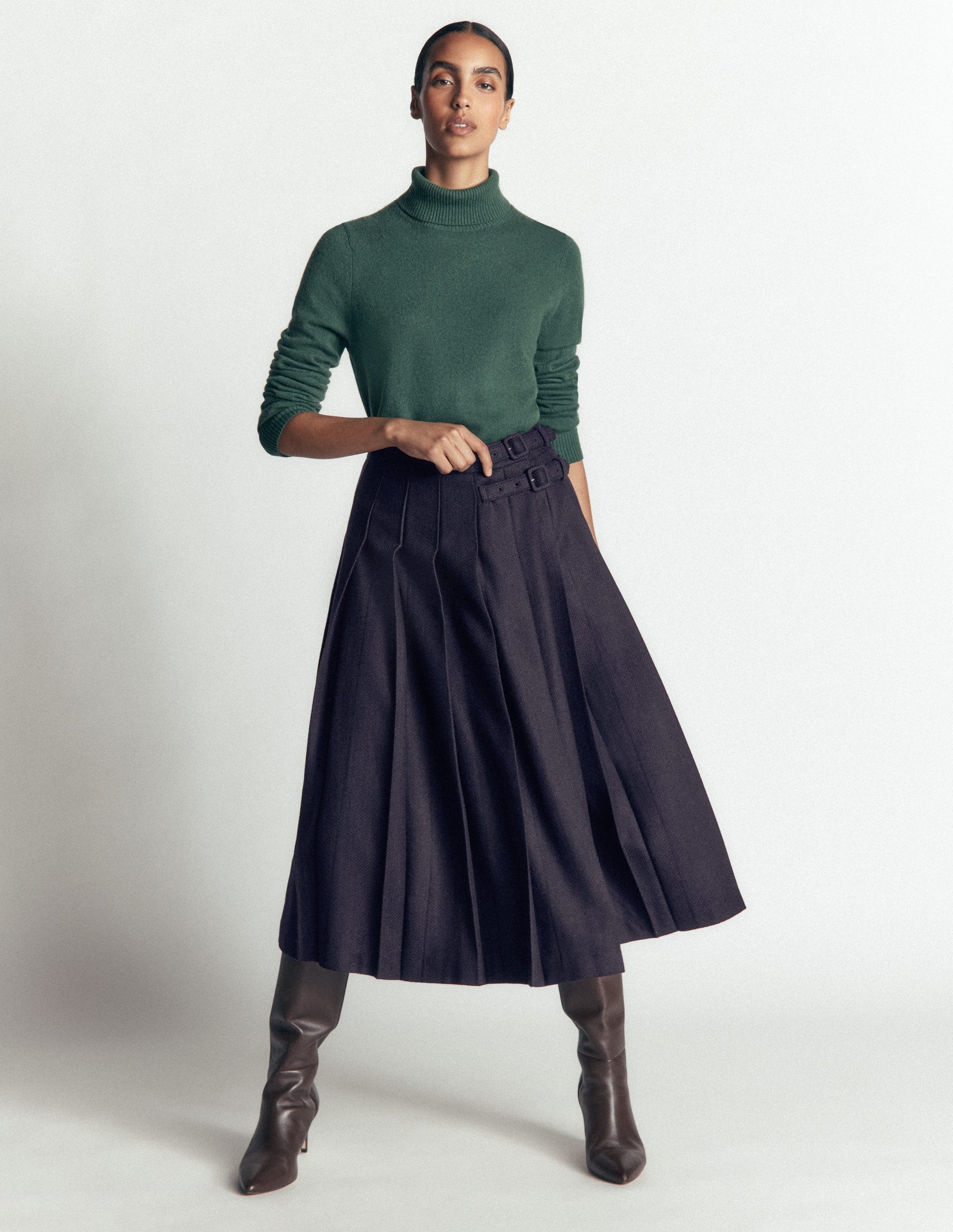 Plissierter Midi-Kilt-Navy mit Fischgrätmuster-1