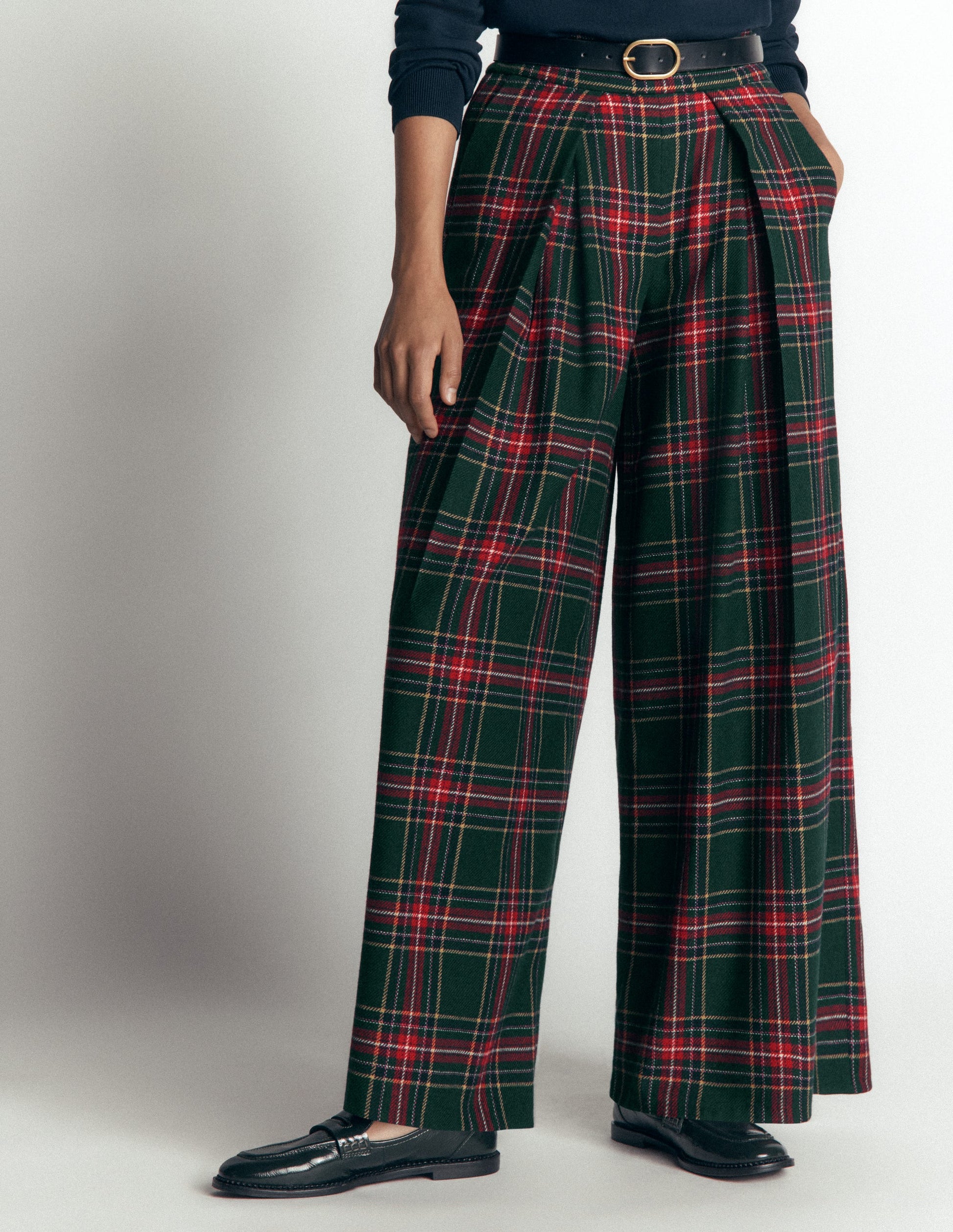 Plissierte Hose aus Wollmischung-Grün, Marineblau und Rot Kariert-6