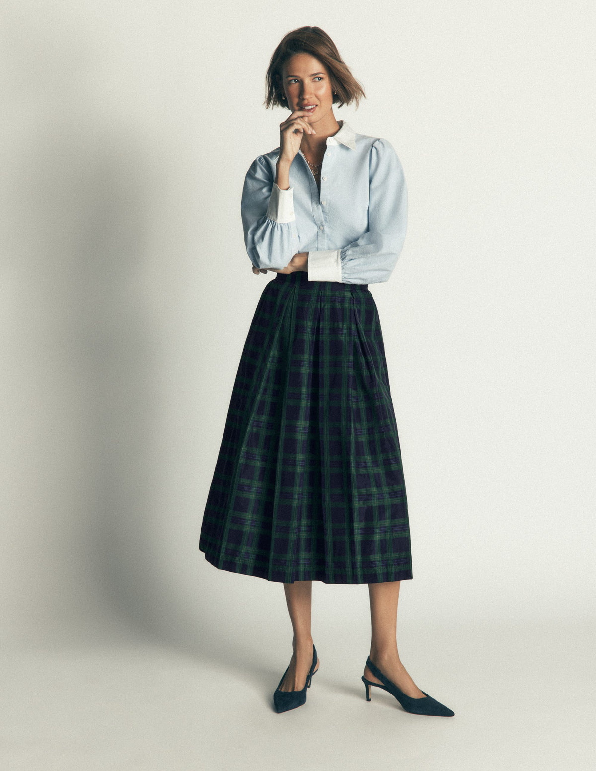 Verity Taft-Midirock-Marineblau, Grün, Blau Ton-in-Ton-Kariert - Image 2