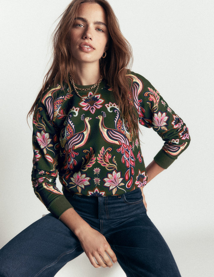Rosa Bedrucktes Sweatshirt-Pfauen Paradies Platzierter Druck