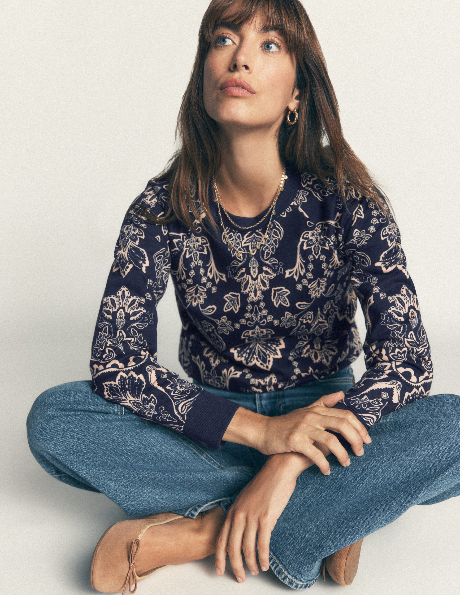 Rosa Bedrucktes Sweatshirt-Marineblau, Blumenmuster-4