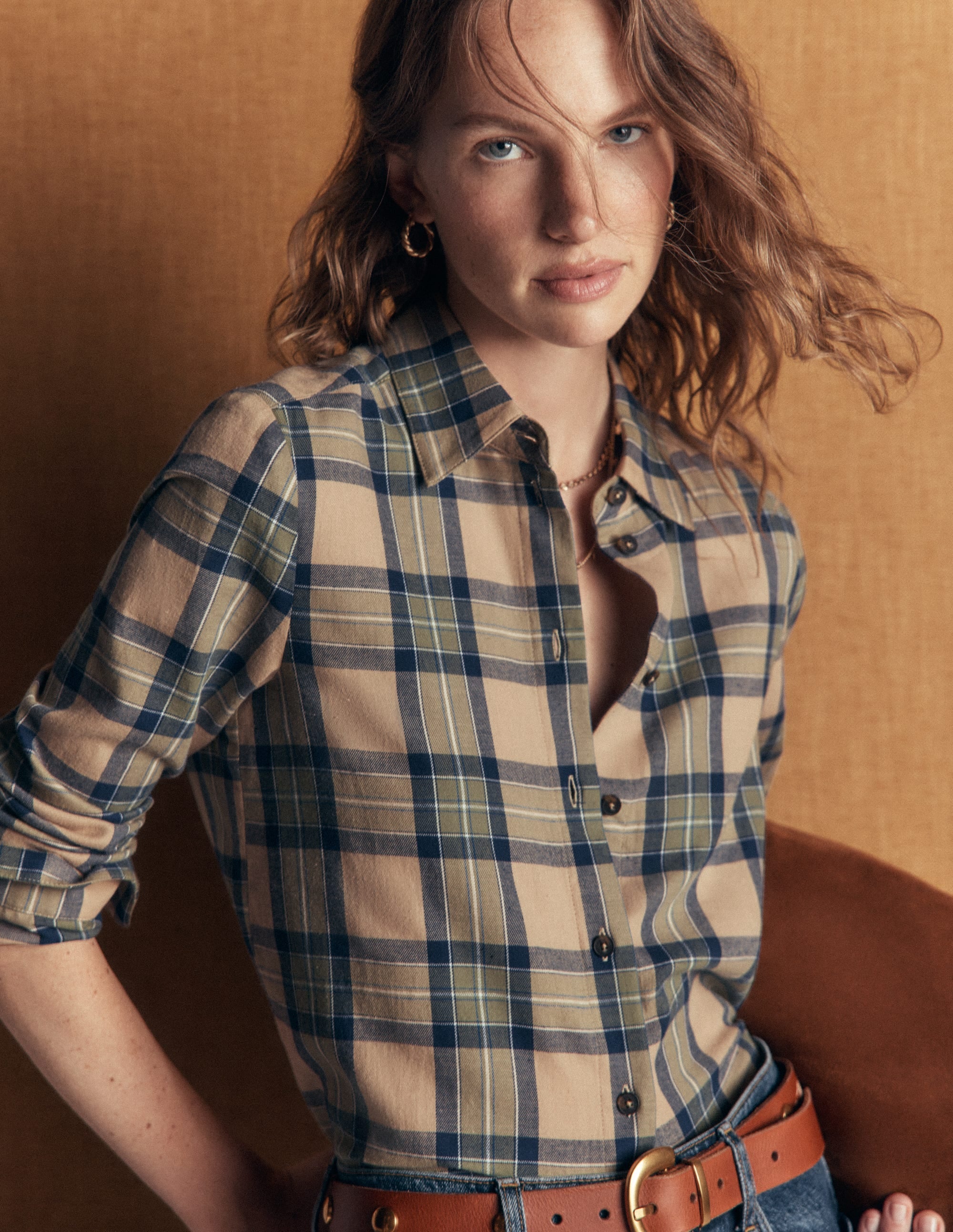 Das neue Sienna Baumwollhemd-Camel, Marineblau, Grün Kariert - Image 1