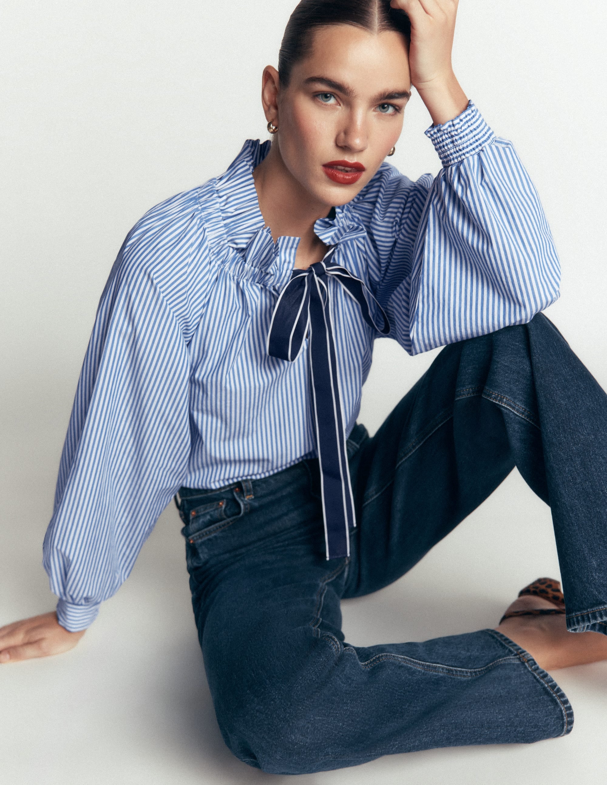 Bow Neck Ruffled Top-Bright Blue, Ivory Stripe - Image 2