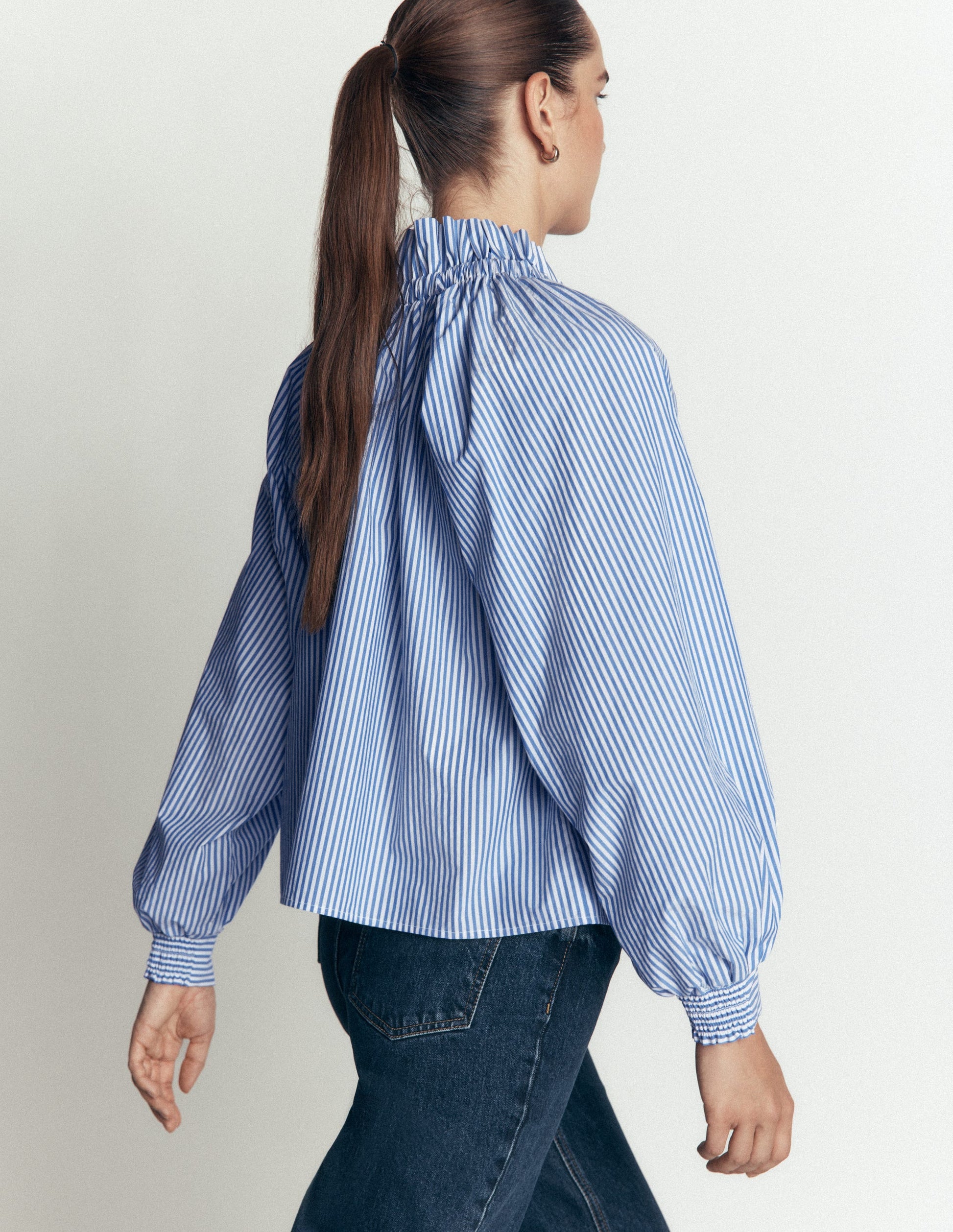 Bow Neck Ruffled Top-Bright Blue, Ivory Stripe-4