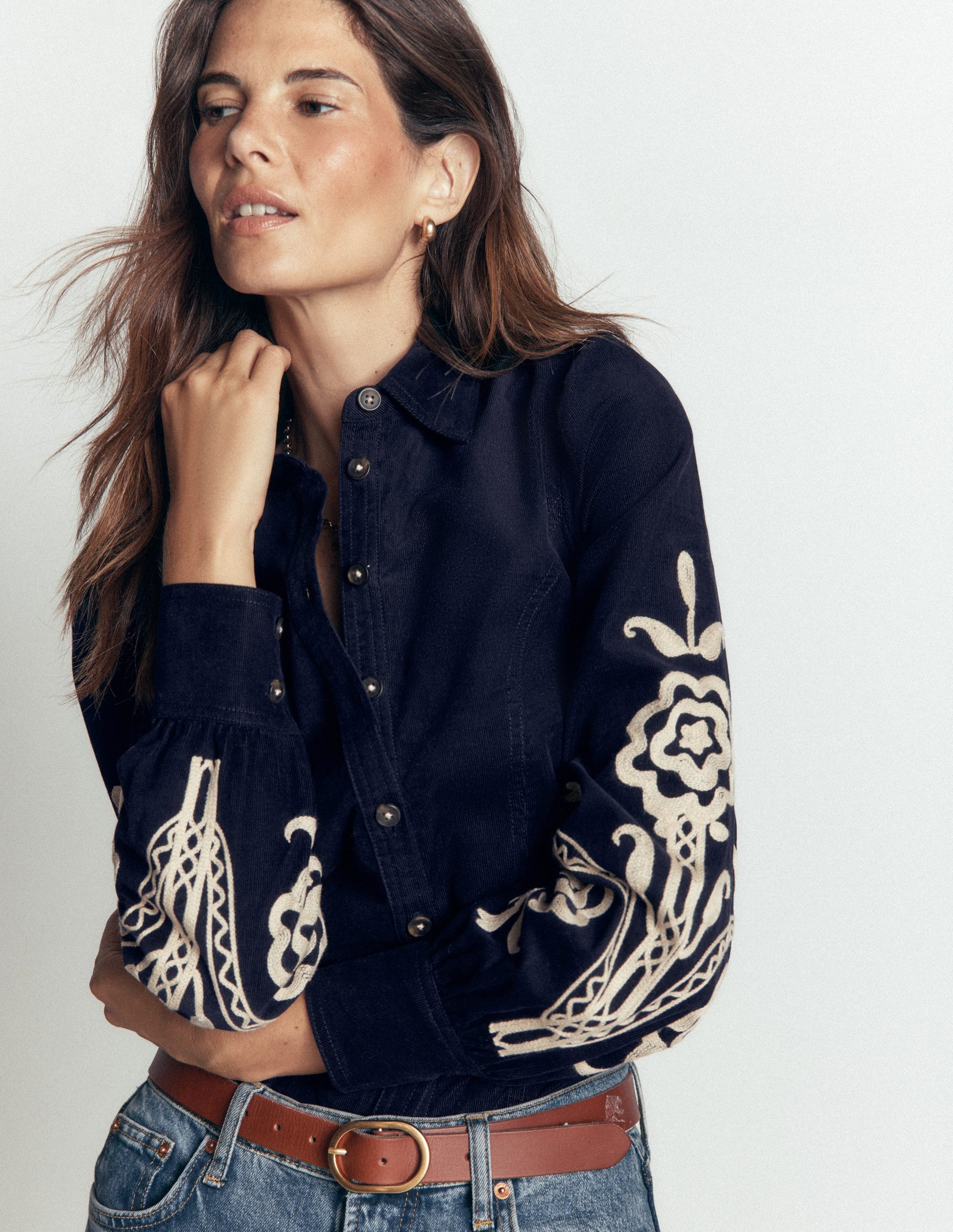 Chemise Sky en velours côtelé-Bleu marine, broderie-2