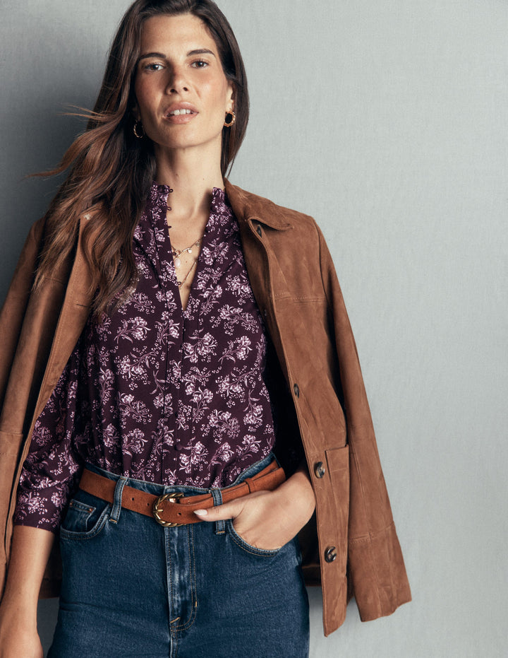 Deep Cuff Half Placket Blouse-Fudge, Enchanted Sprigs