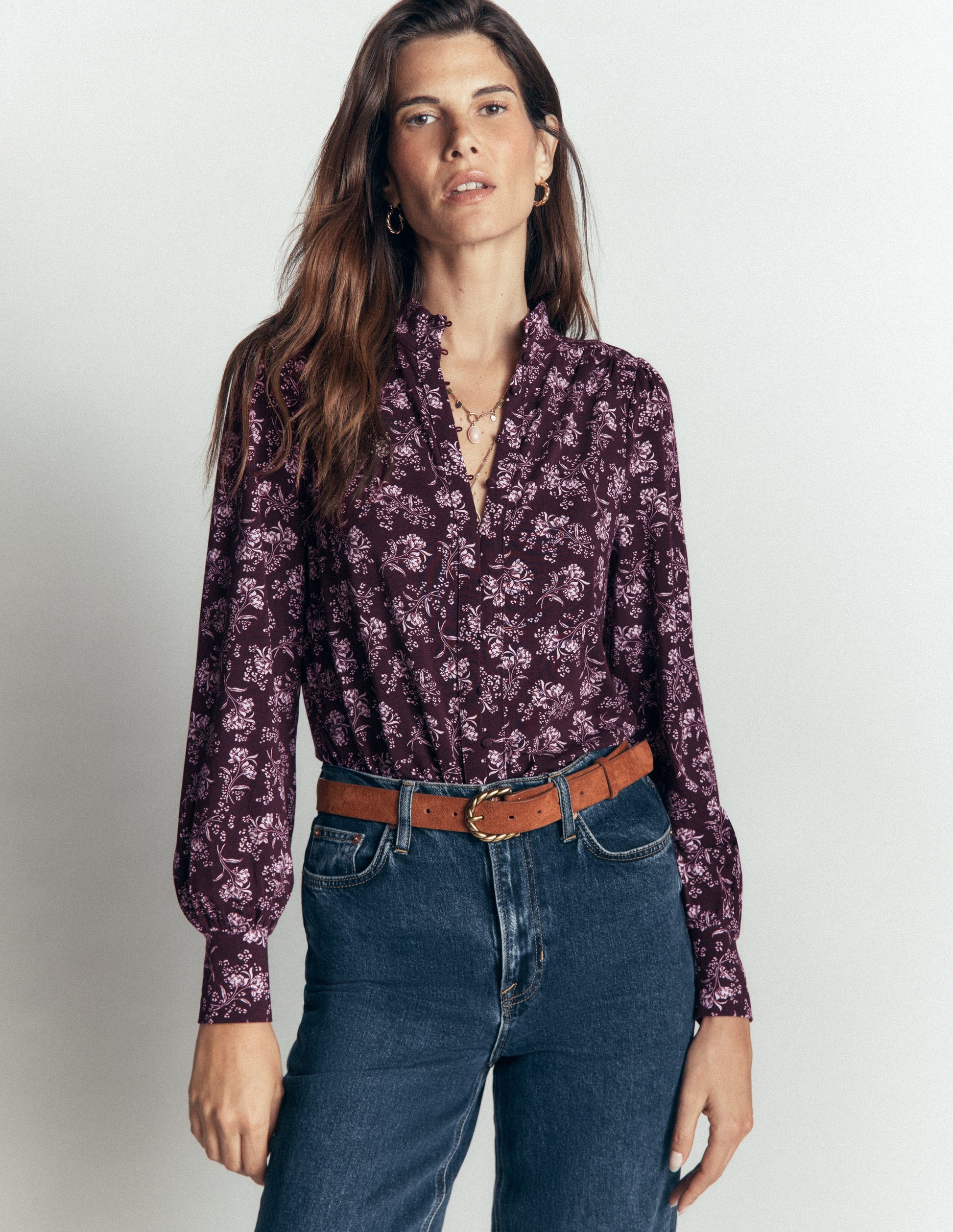 Deep Cuff Half Placket Blouse-Fudge, Enchanted Sprigs-5