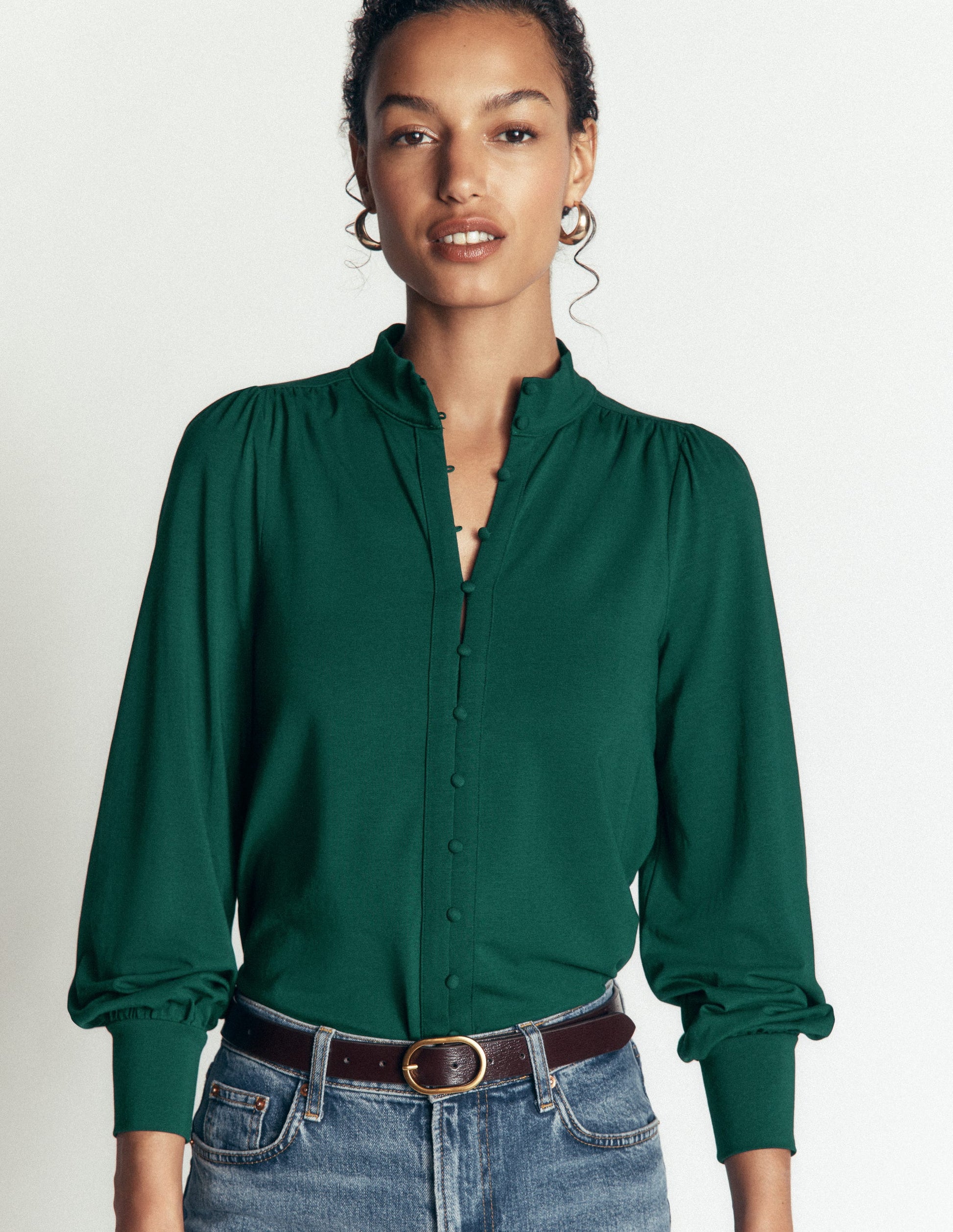 Deep Cuff Half Placket Blouse-Emerald Night-2