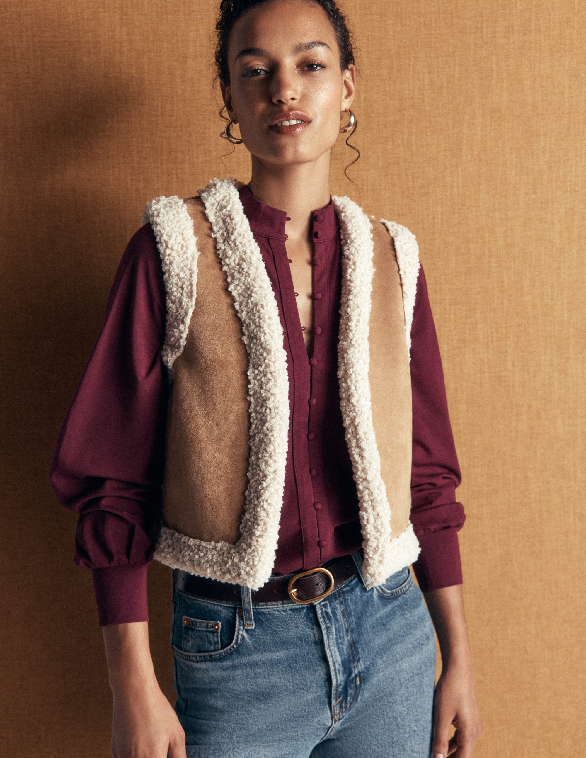Bluse mit langen Manschetten und halber Knopfleiste-Dunkelviolett - Image 1