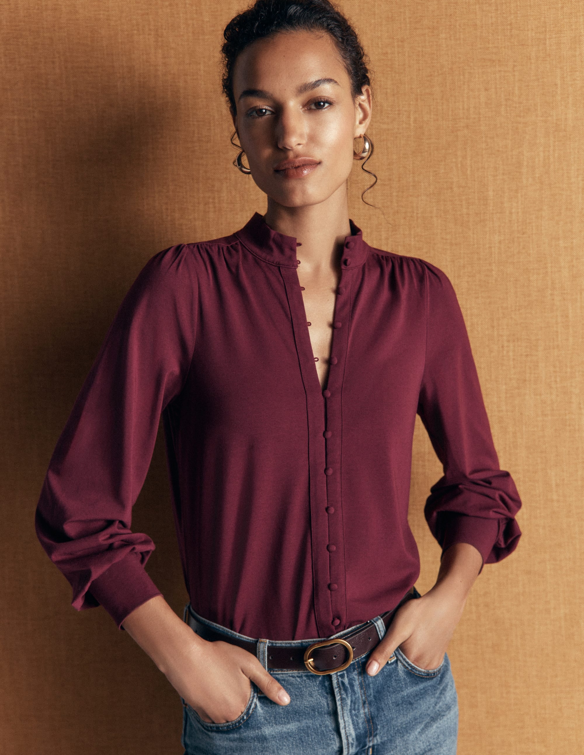 Bluse mit langen Manschetten und halber Knopfleiste-Dunkelviolett - Image 5