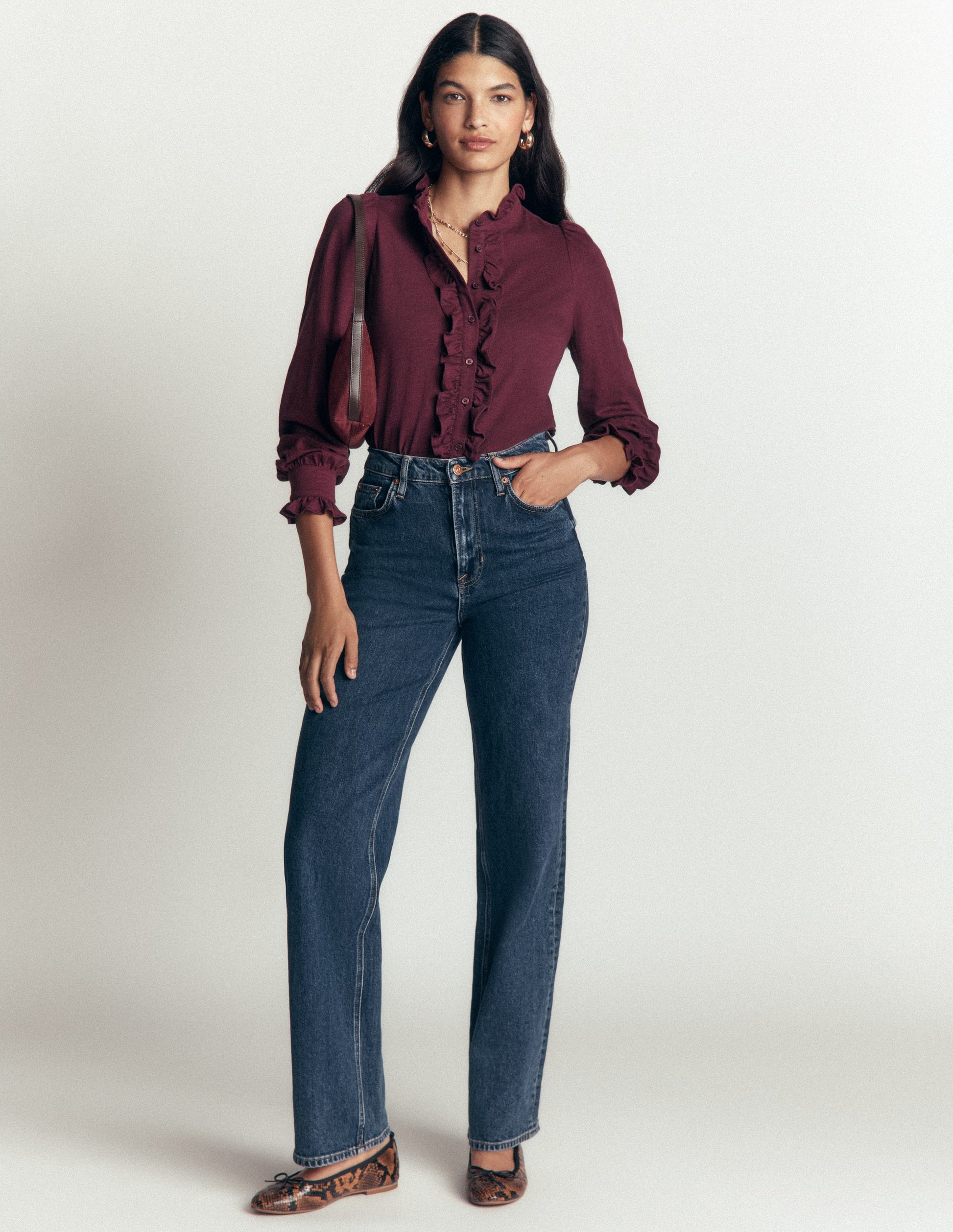 Bluse mit großen Rüschen-Dunkle Kirsche-4