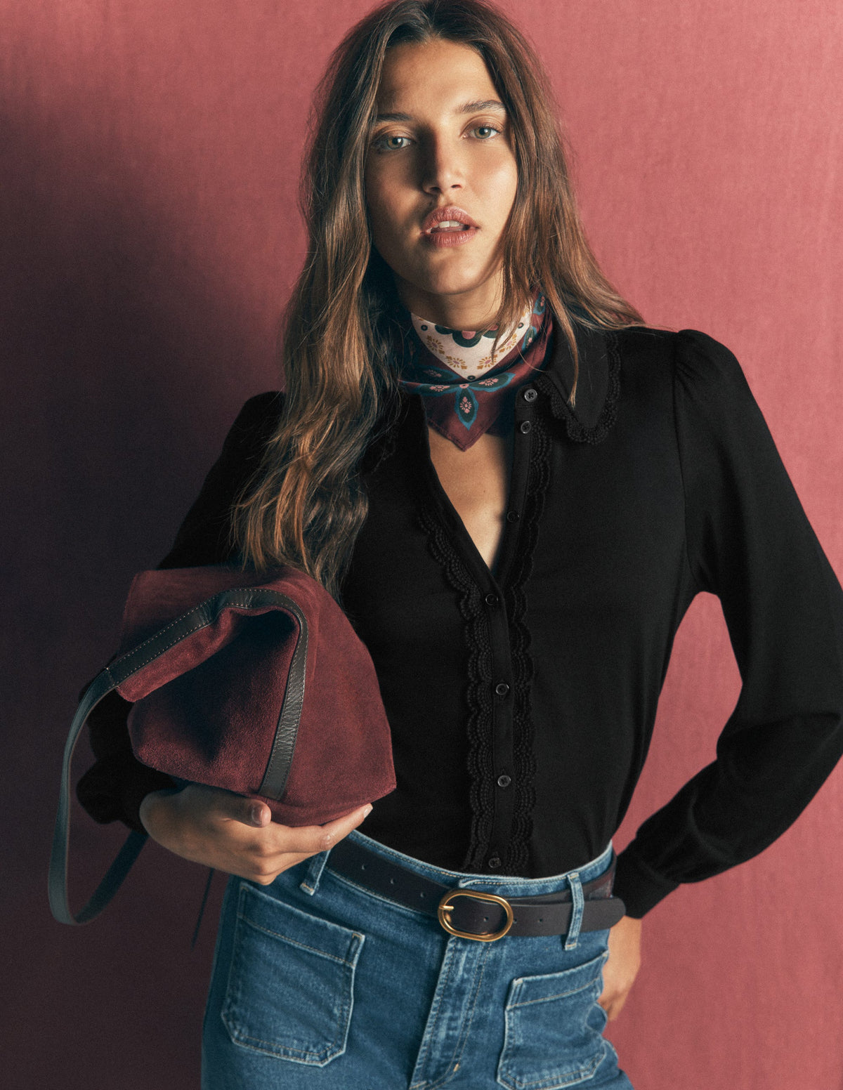 Bluse mit Rüschen und Spitze-Schwarz-1