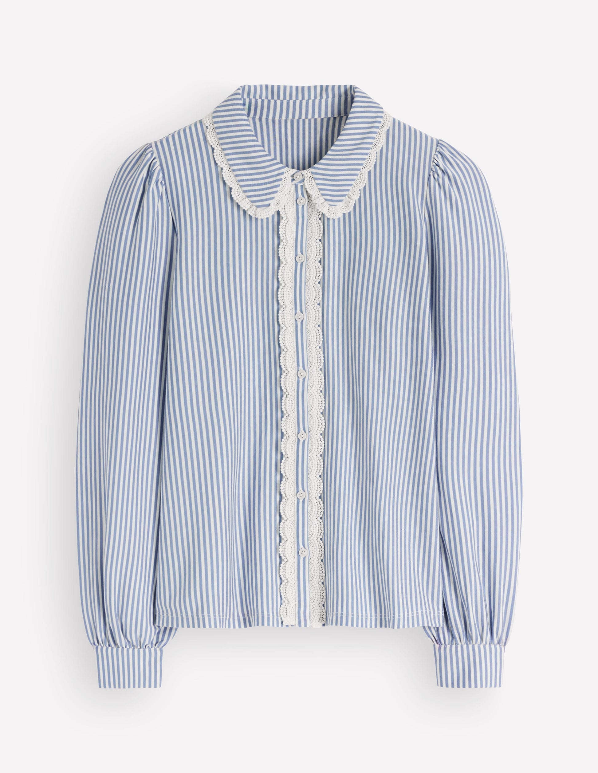 Bluse mit Rüschen und Spitze-Verwaschener Denim und Naturweiß Streifen-5