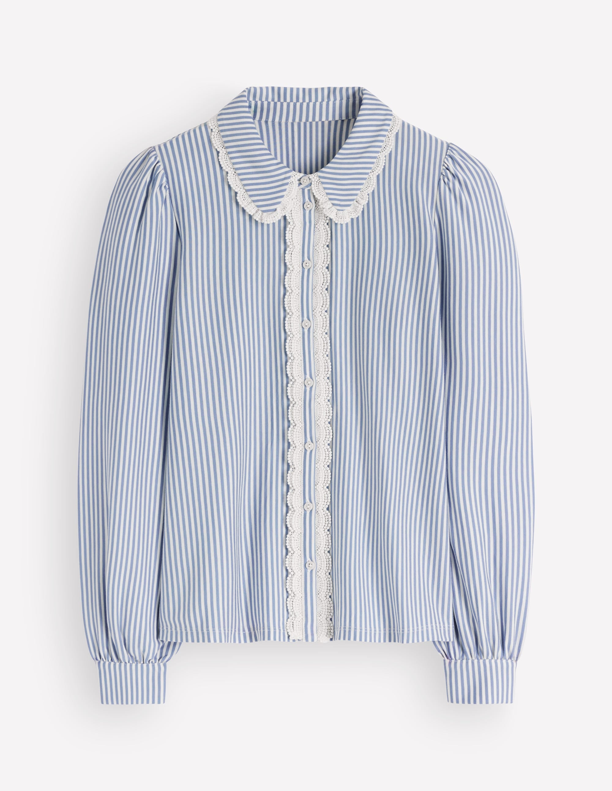 Bluse mit Rüschen und Spitze-Verwaschener Denim und Naturweiß Streifen - Image 5