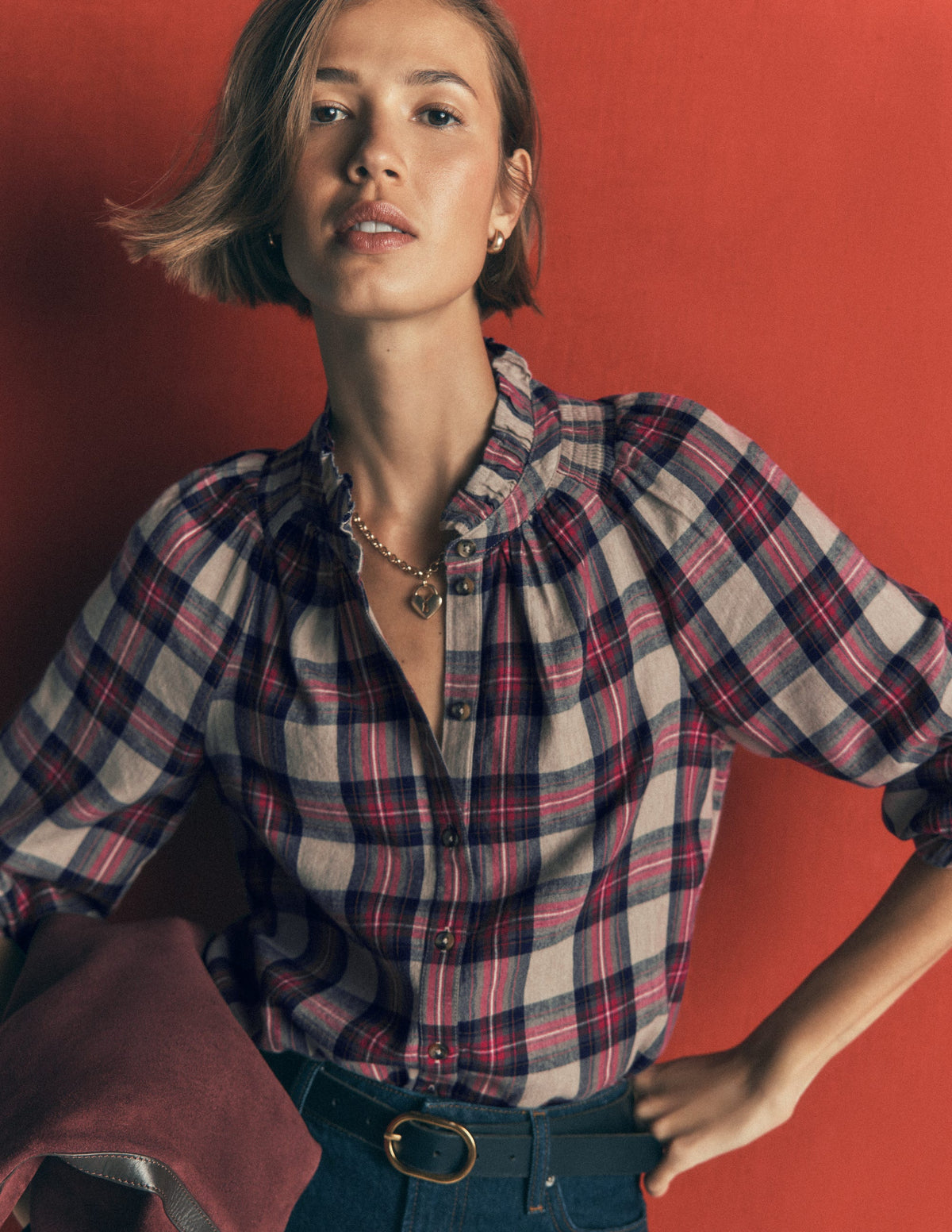 Erica Frill  Check Top-Oatmeal, Navy and Red Check - Image 2