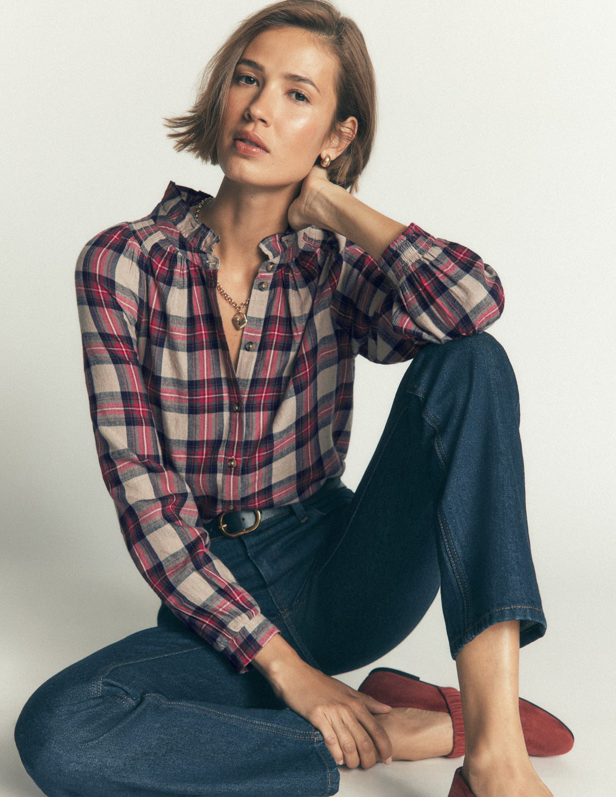 Erica Frill  Check Top-Oatmeal, Navy and Red Check - Image 5