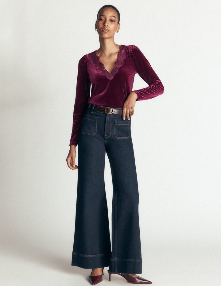 Top col V en velours à détails en dentelle-Rouge betterave