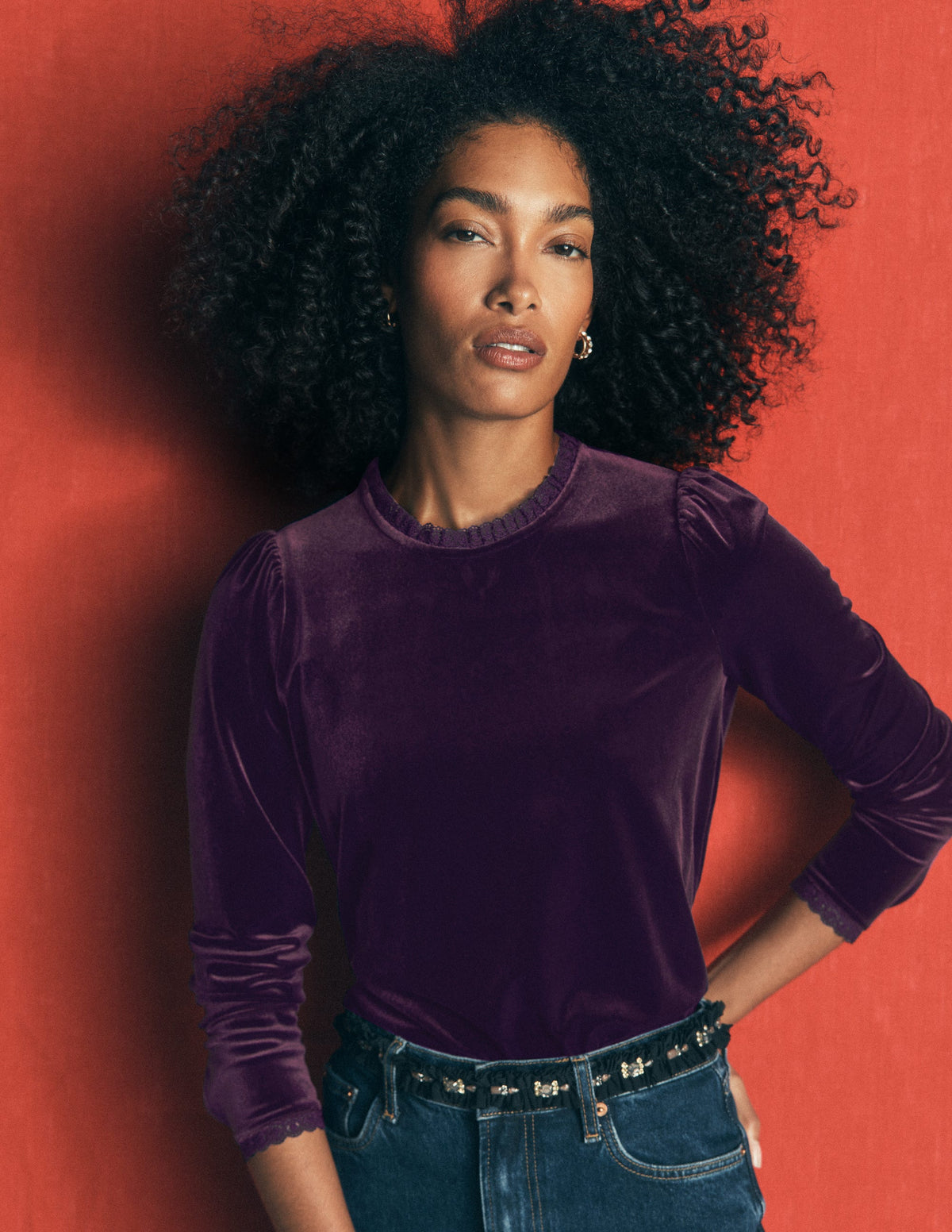 Lace Trim Velvet Top-Night Shade - Image 1