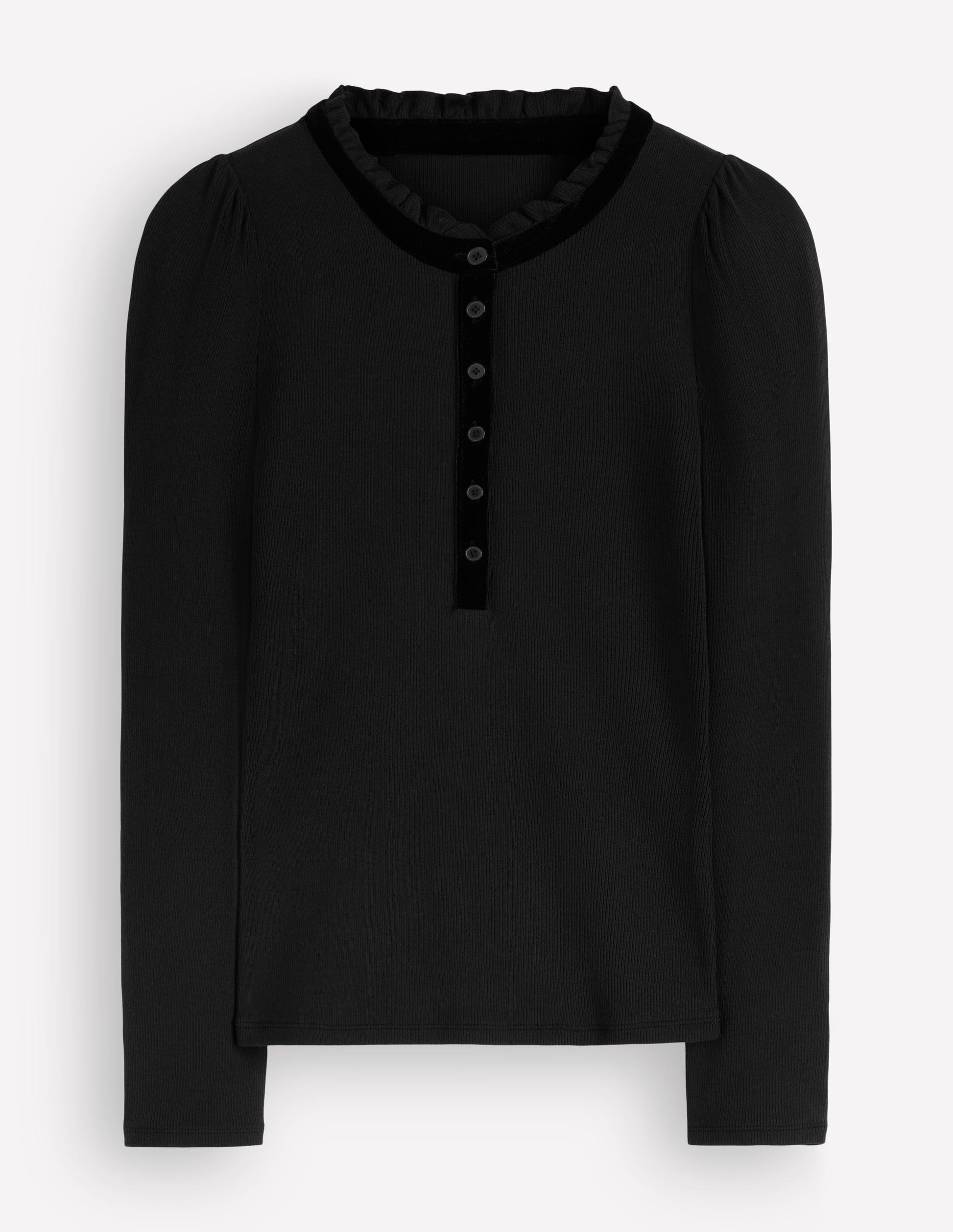 Velvet Ruffle Trim Henley Top-Black-4