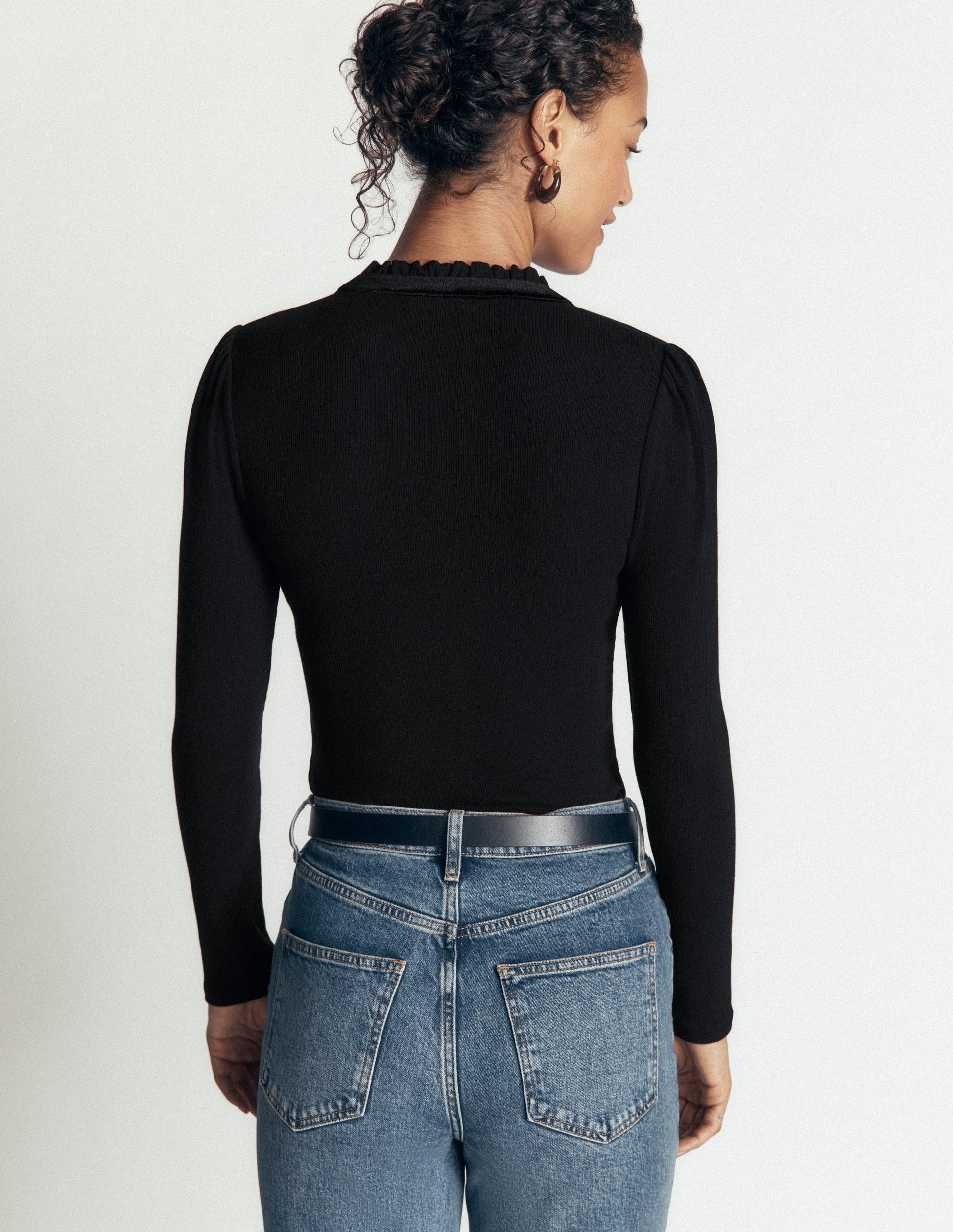 Velvet Ruffle Trim Henley Top-Black-2