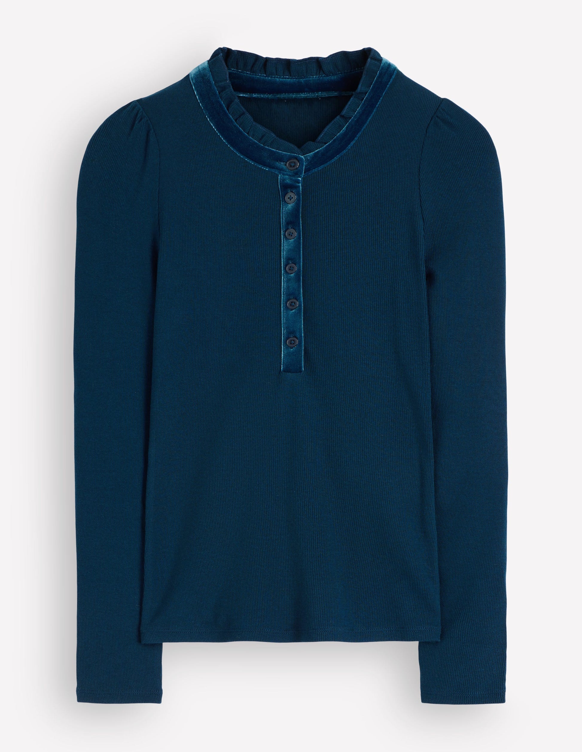 Henley-Shirt mit Samtbesatz und Rüschenkragen-Blau-7
