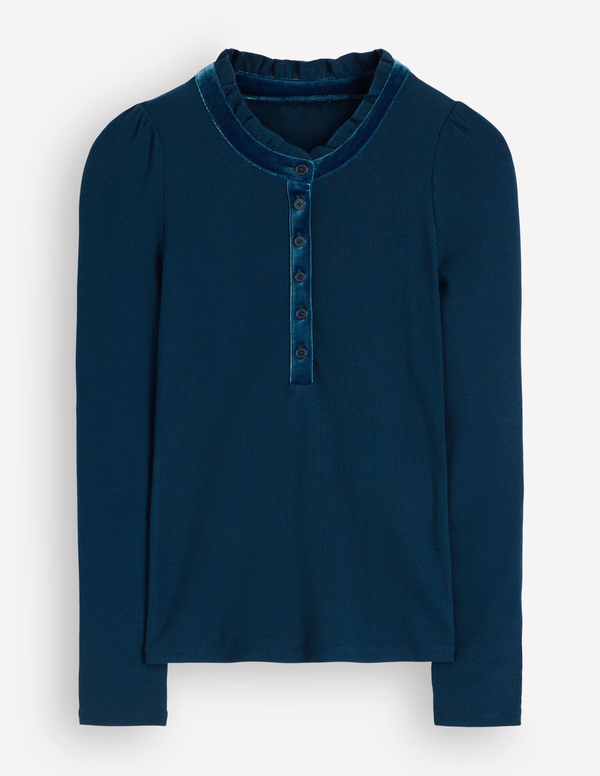 Henley-Shirt mit Samtbesatz und Rüschenkragen-Blau - Image 7
