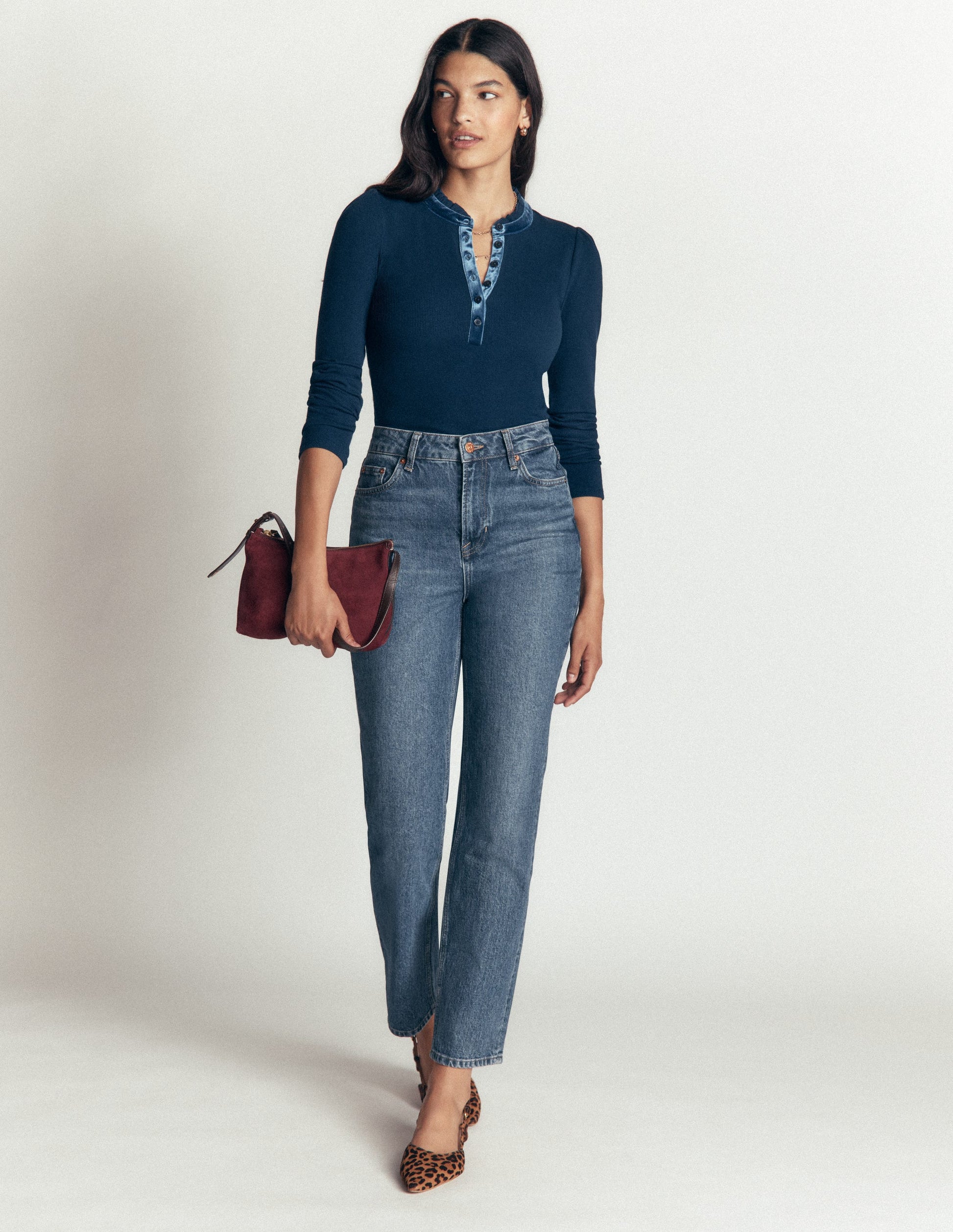Henley-Shirt mit Samtbesatz und Rüschenkragen-Blau-4