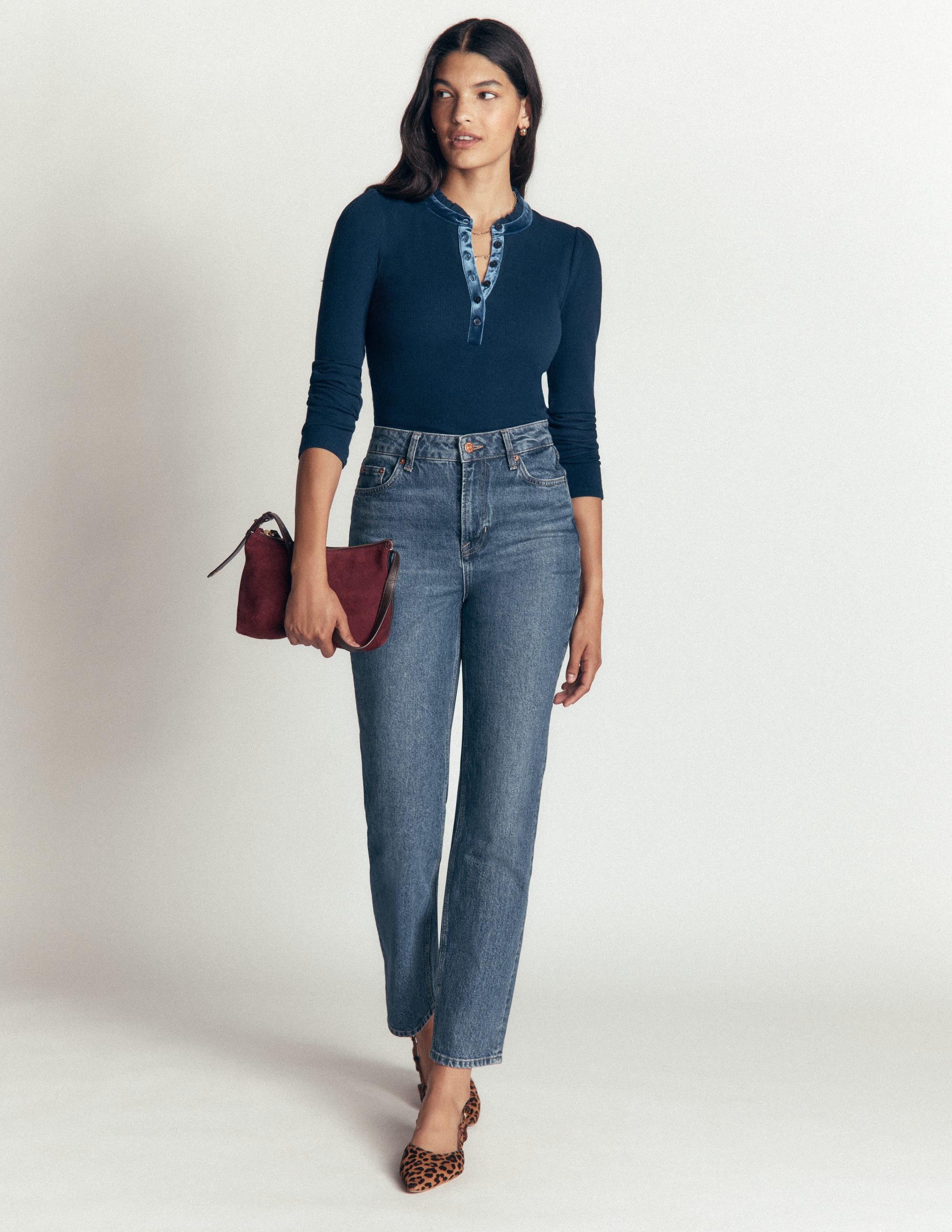 Henley-Shirt mit Samtbesatz und Rüschenkragen-Blau - Image 4