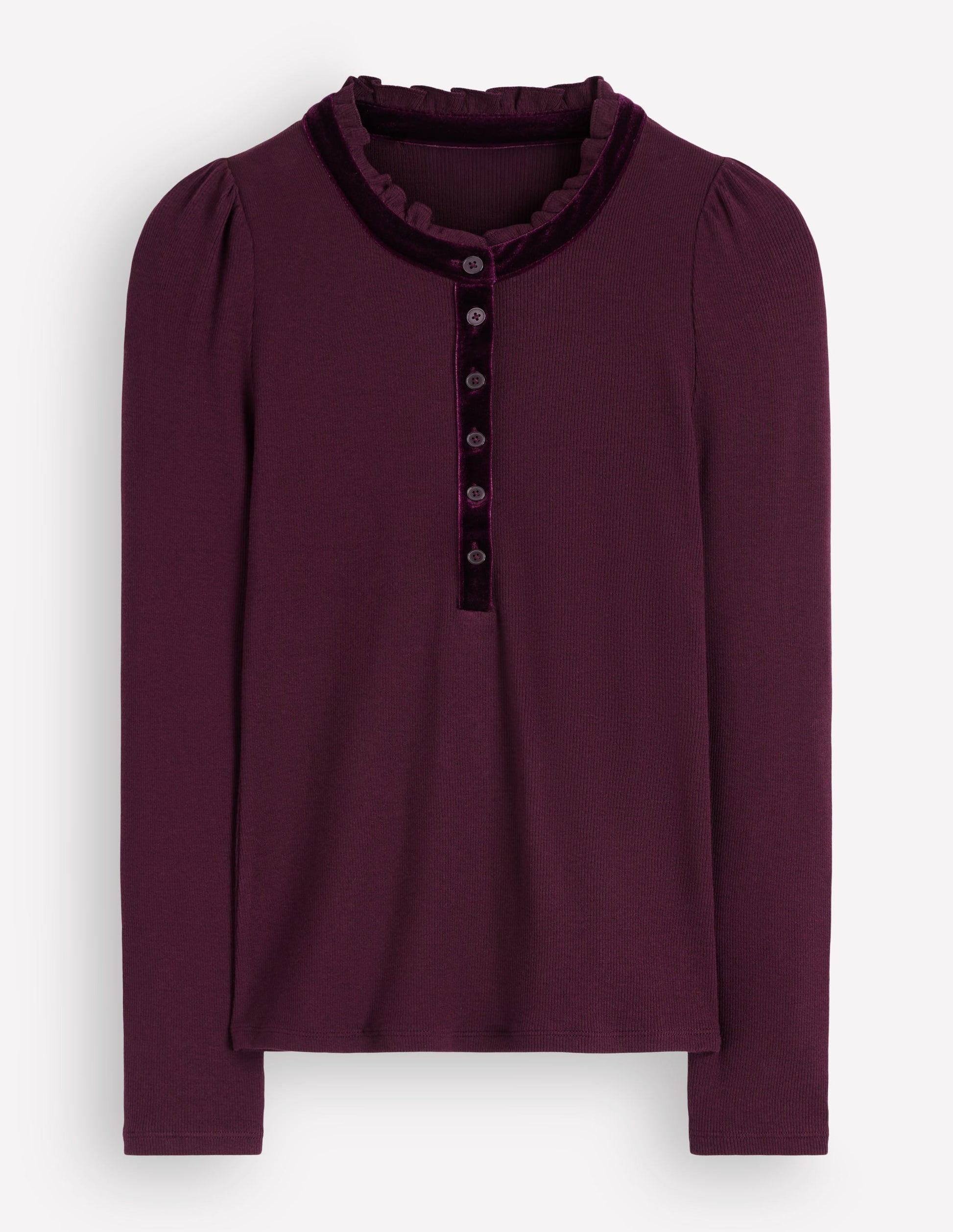 Henley-Shirt mit Samtbesatz und Rüschenkragen-Dunkle Kirsche-5
