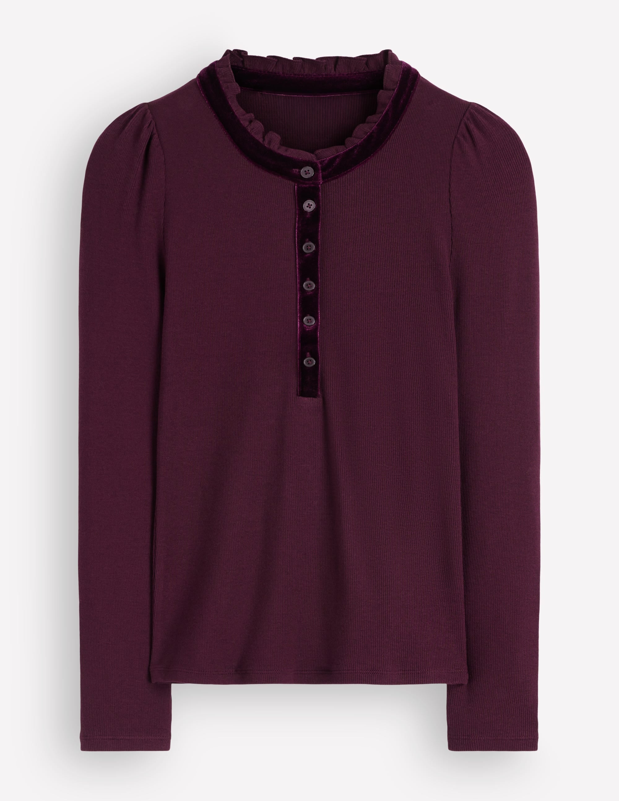Henley-Shirt mit Samtbesatz und Rüschenkragen-Dunkle Kirsche - Image 5