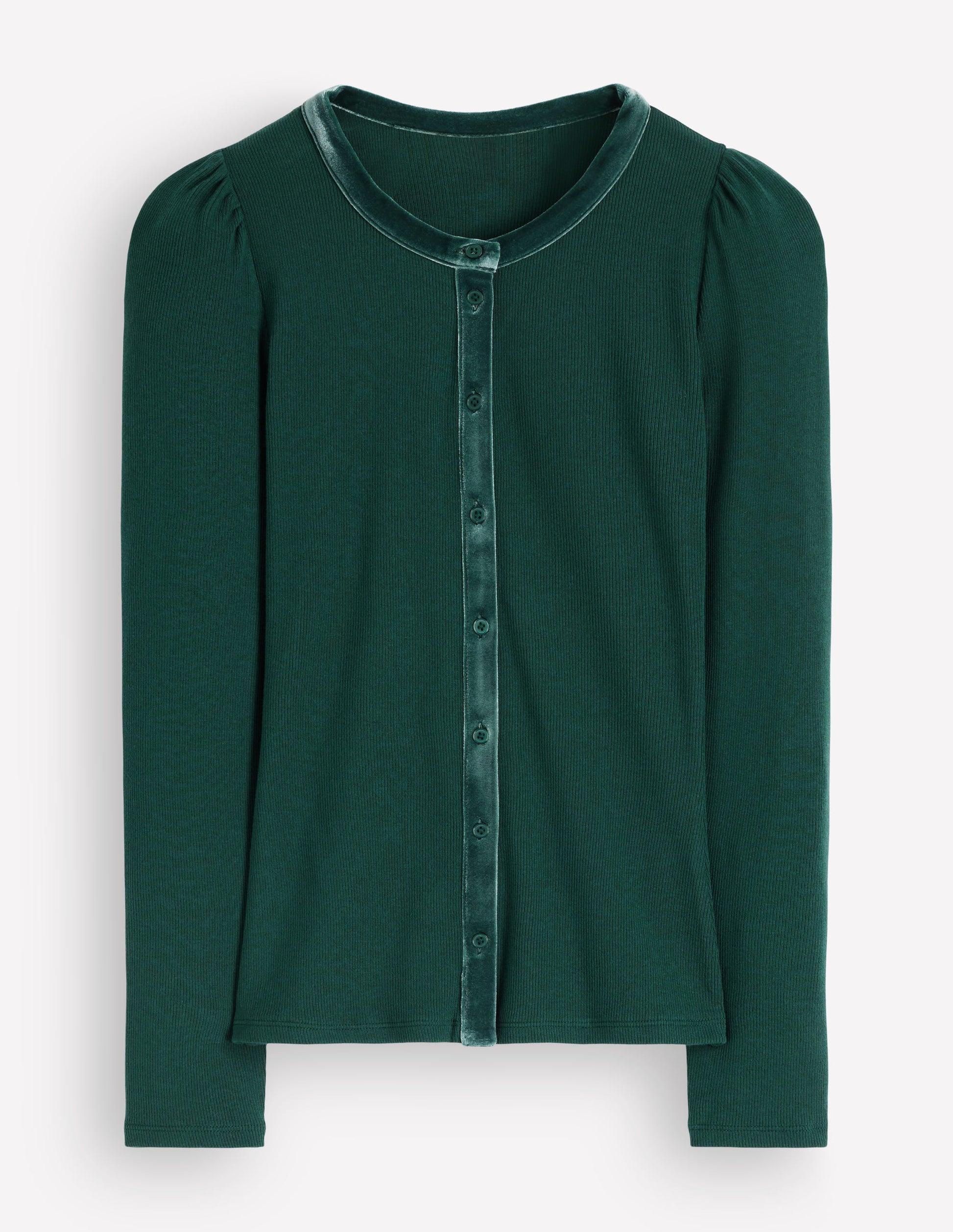 Gerippte Strickjacke mit Samtbesatz-Kiefergrün-5