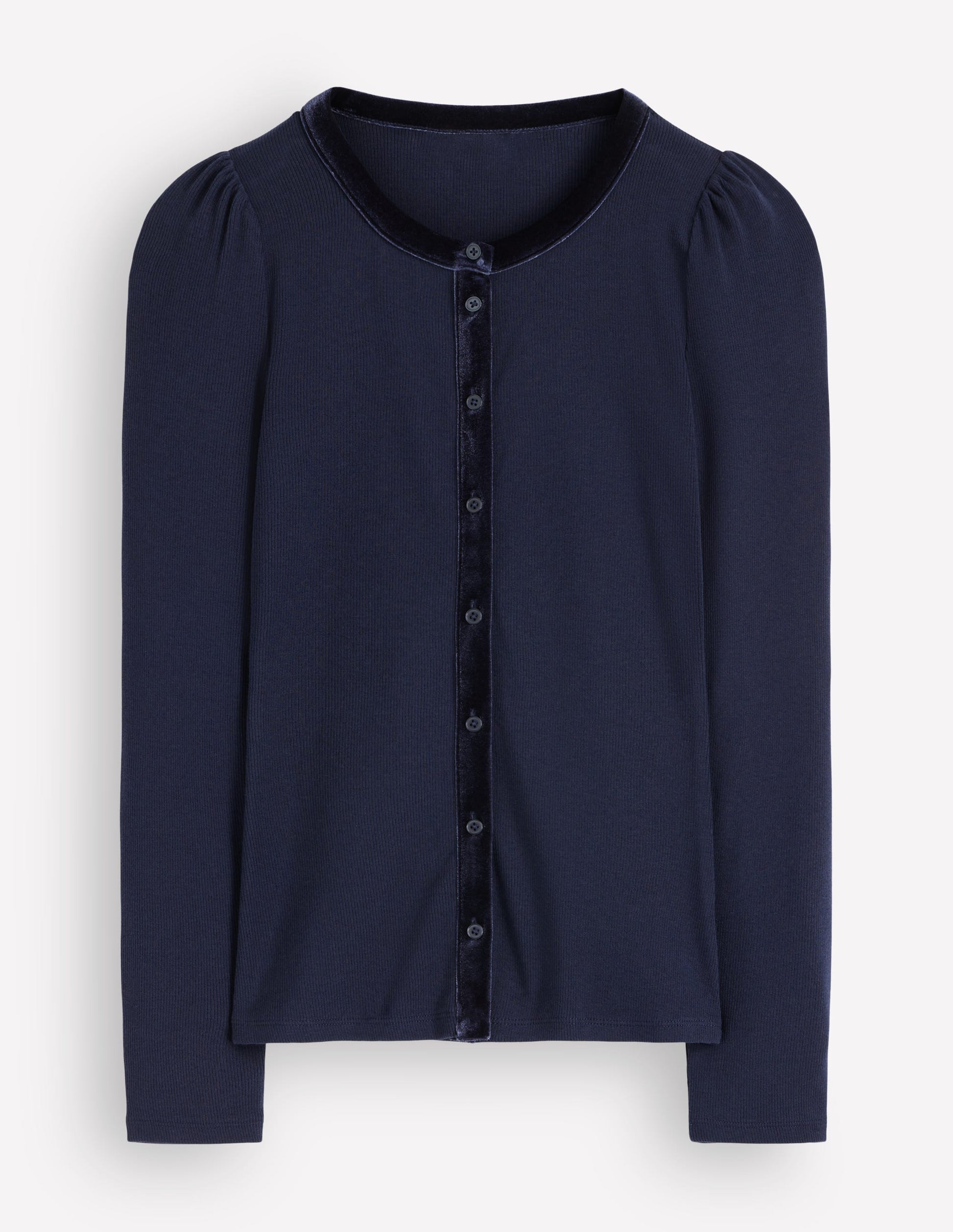 Gerippte Strickjacke mit Samtbesatz-Marineblau-3