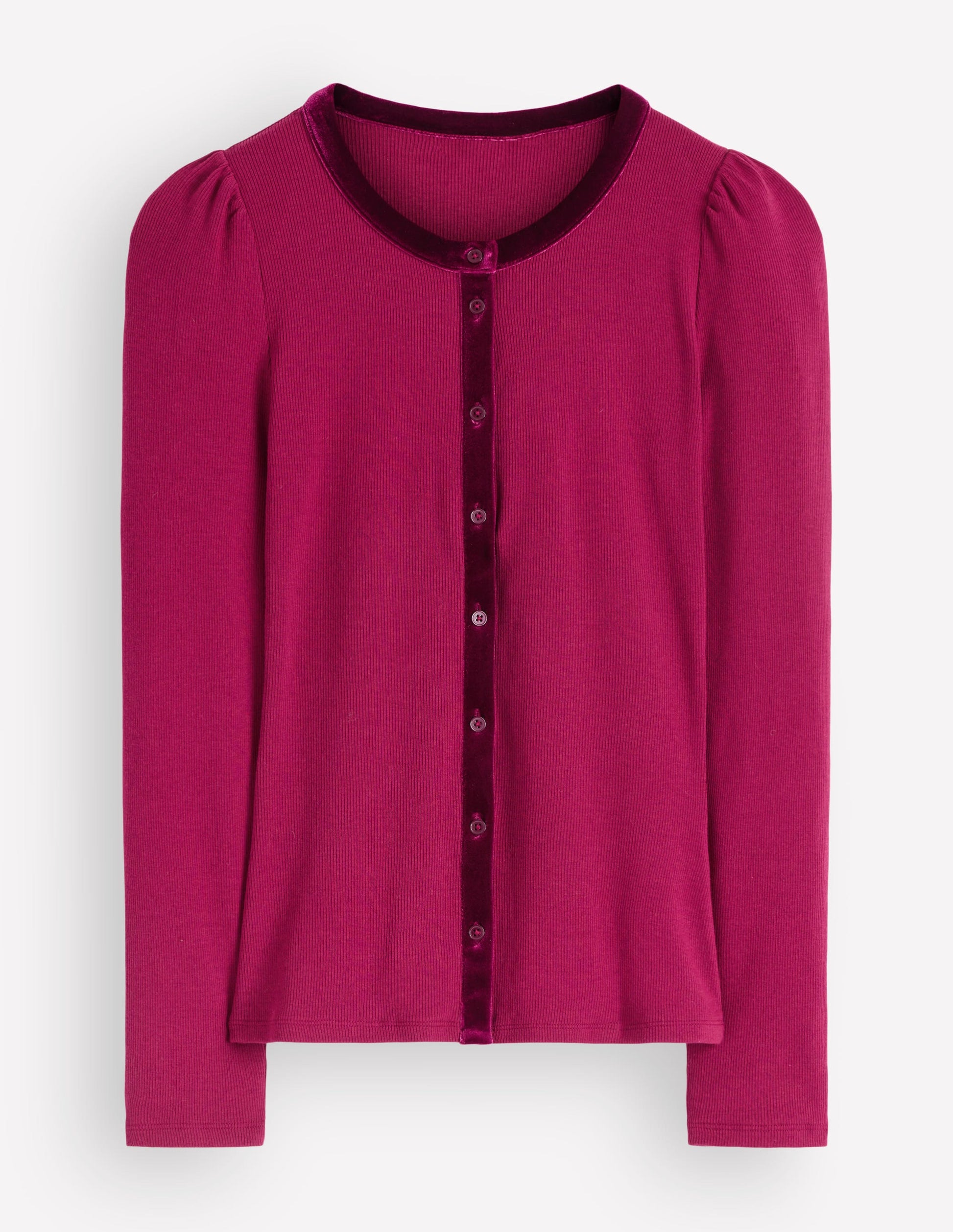 Gerippte Strickjacke mit Samtbesatz-Rote Beete-6