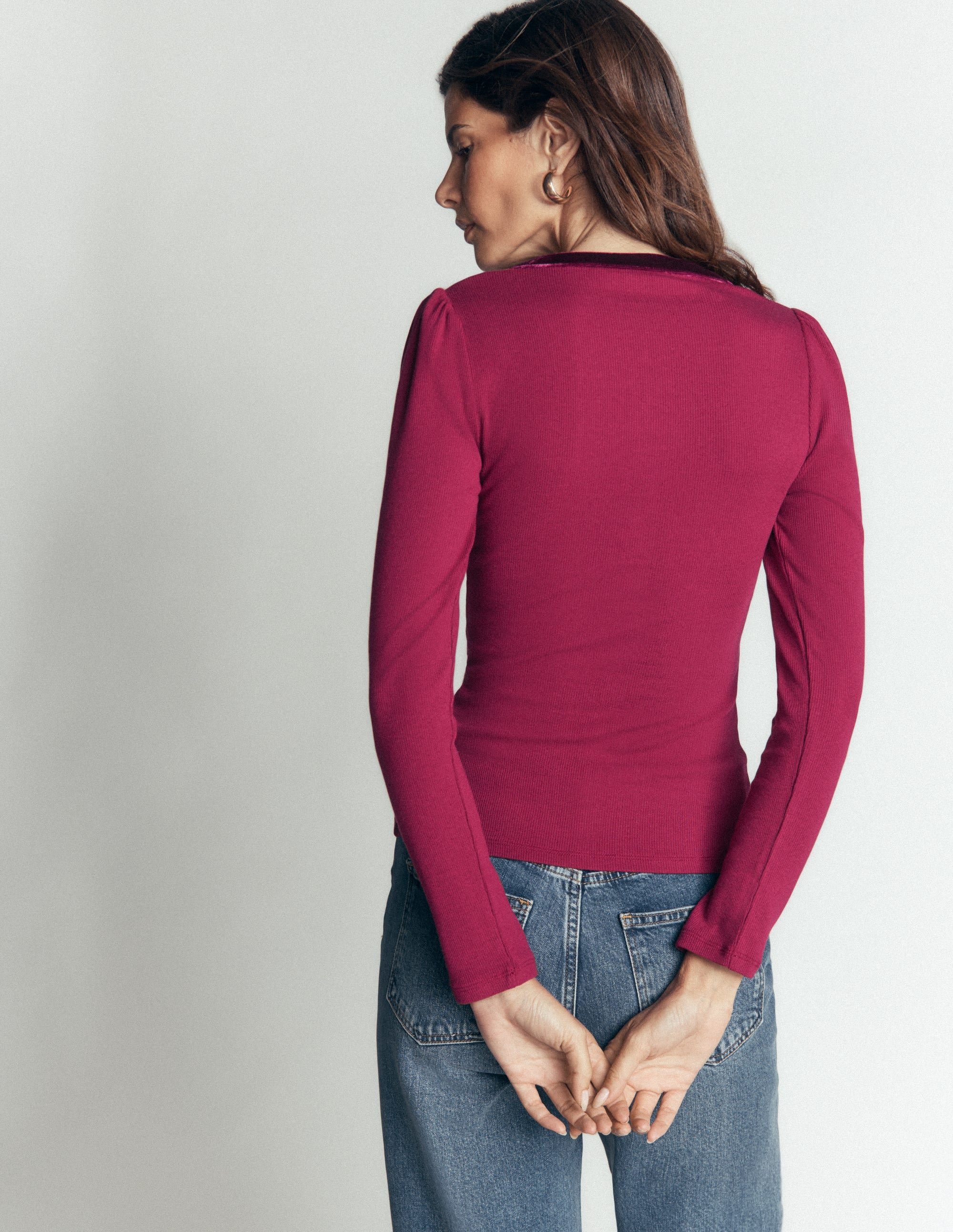 Gerippte Strickjacke mit Samtbesatz-Rote Beete - Image 3