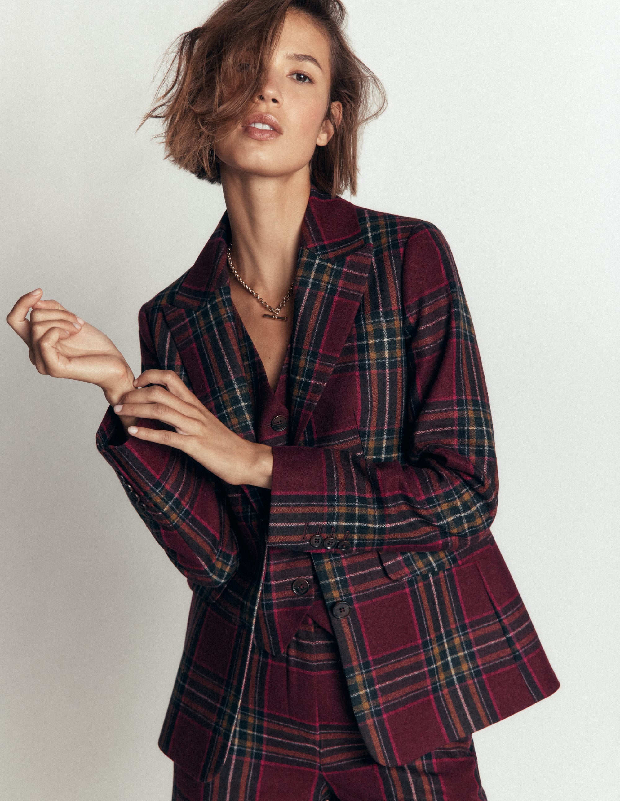 Blazer Stamford en laine-Carreaux acajou et olive - Image 1