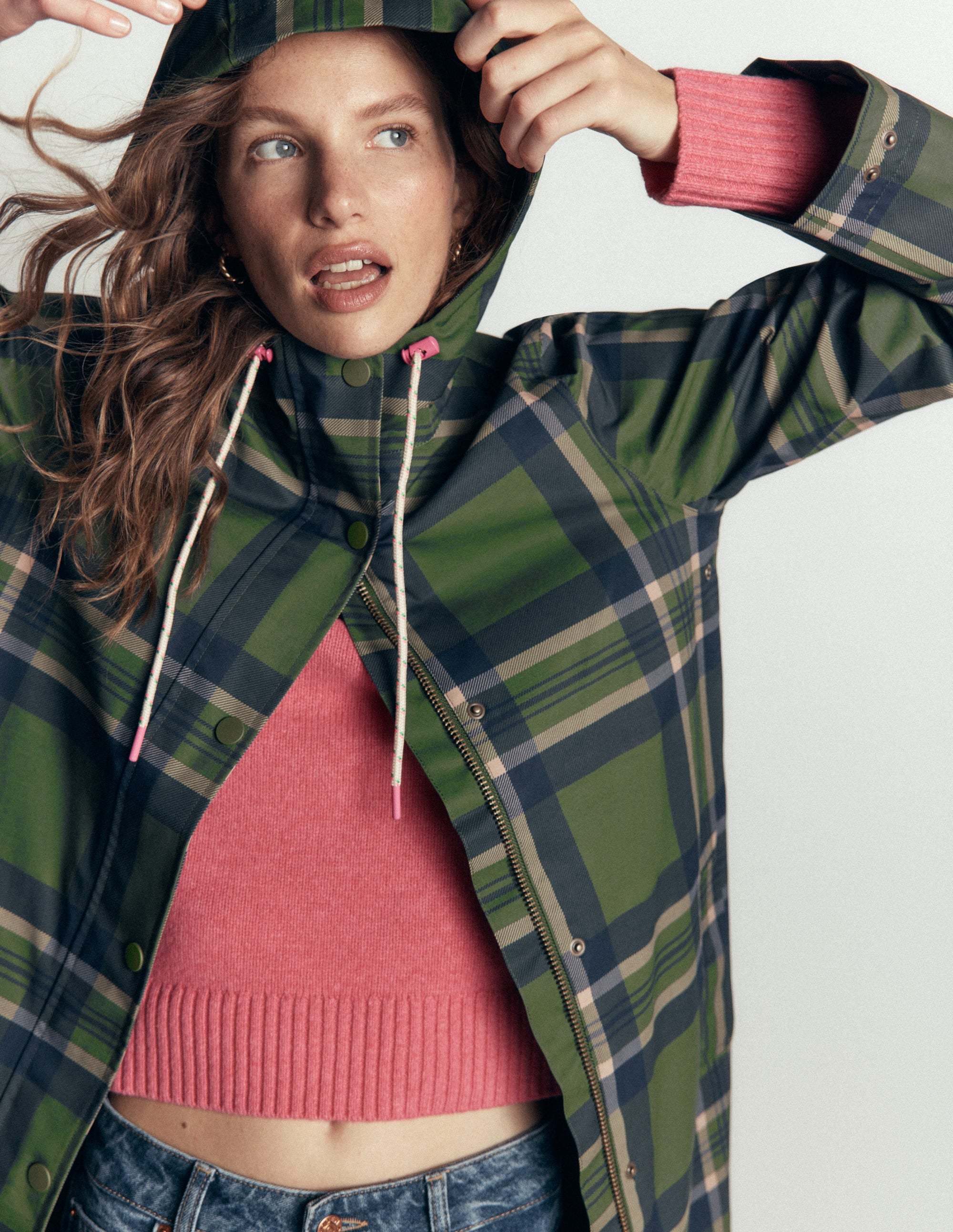 Longline Raincoat-Olive, Navy and Red Check - Image 1
