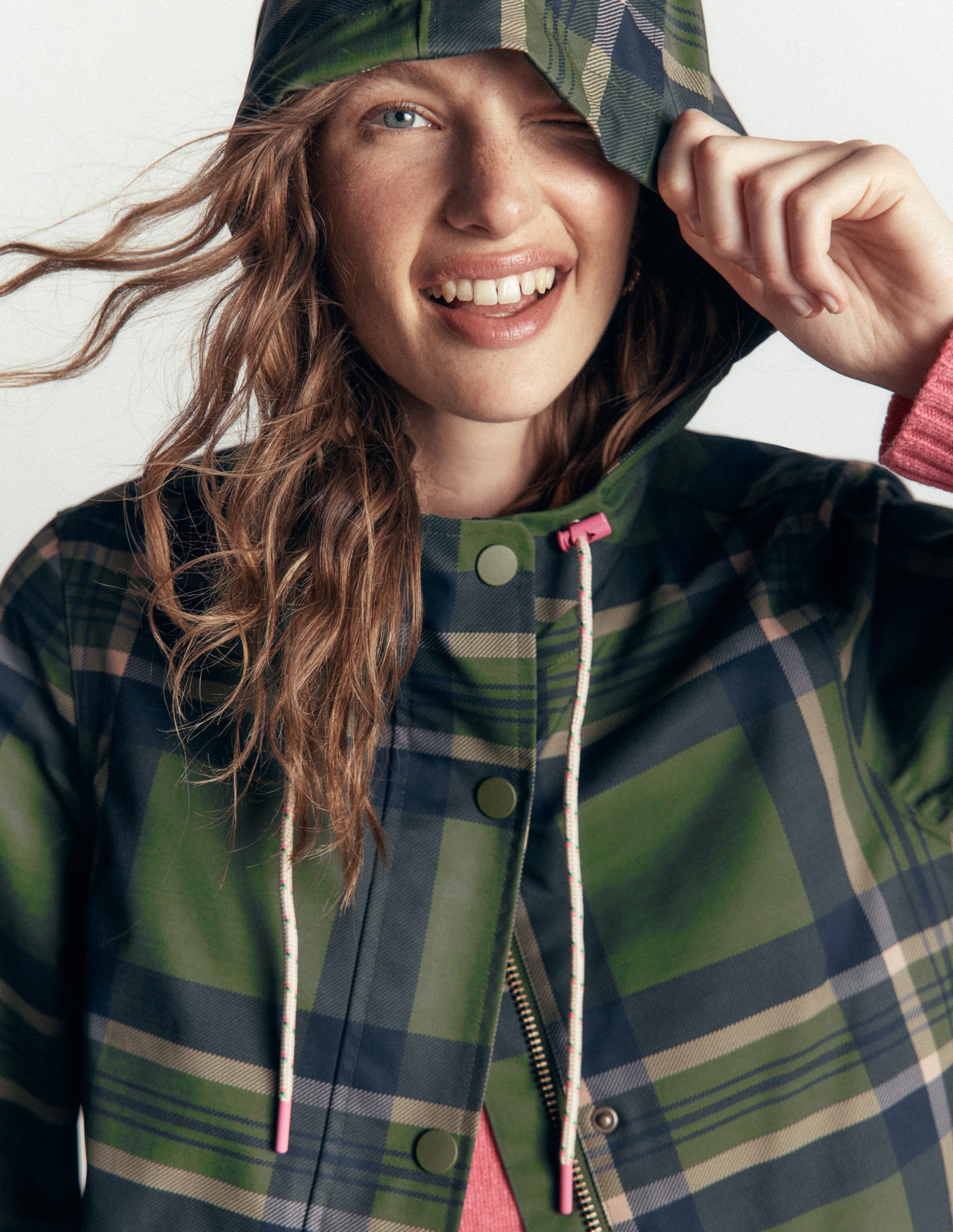 Longline Raincoat-Olive, Navy and Red Check - Image 2