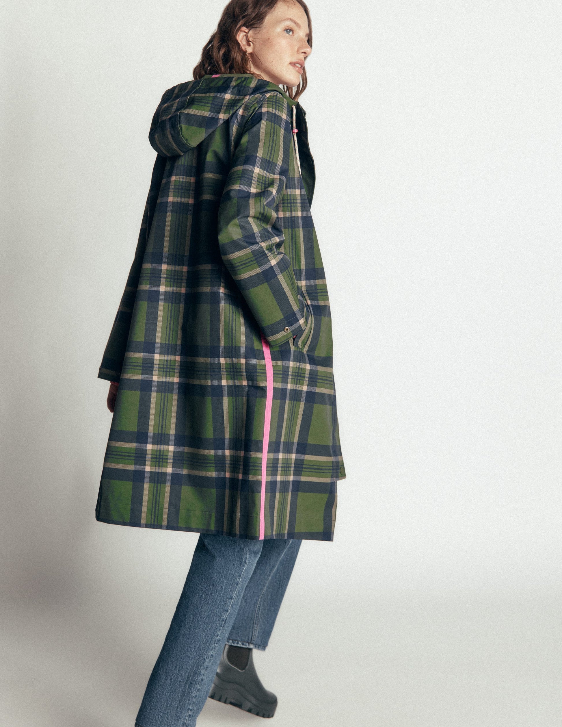 Longline Raincoat-Olive, Navy and Red Check-3