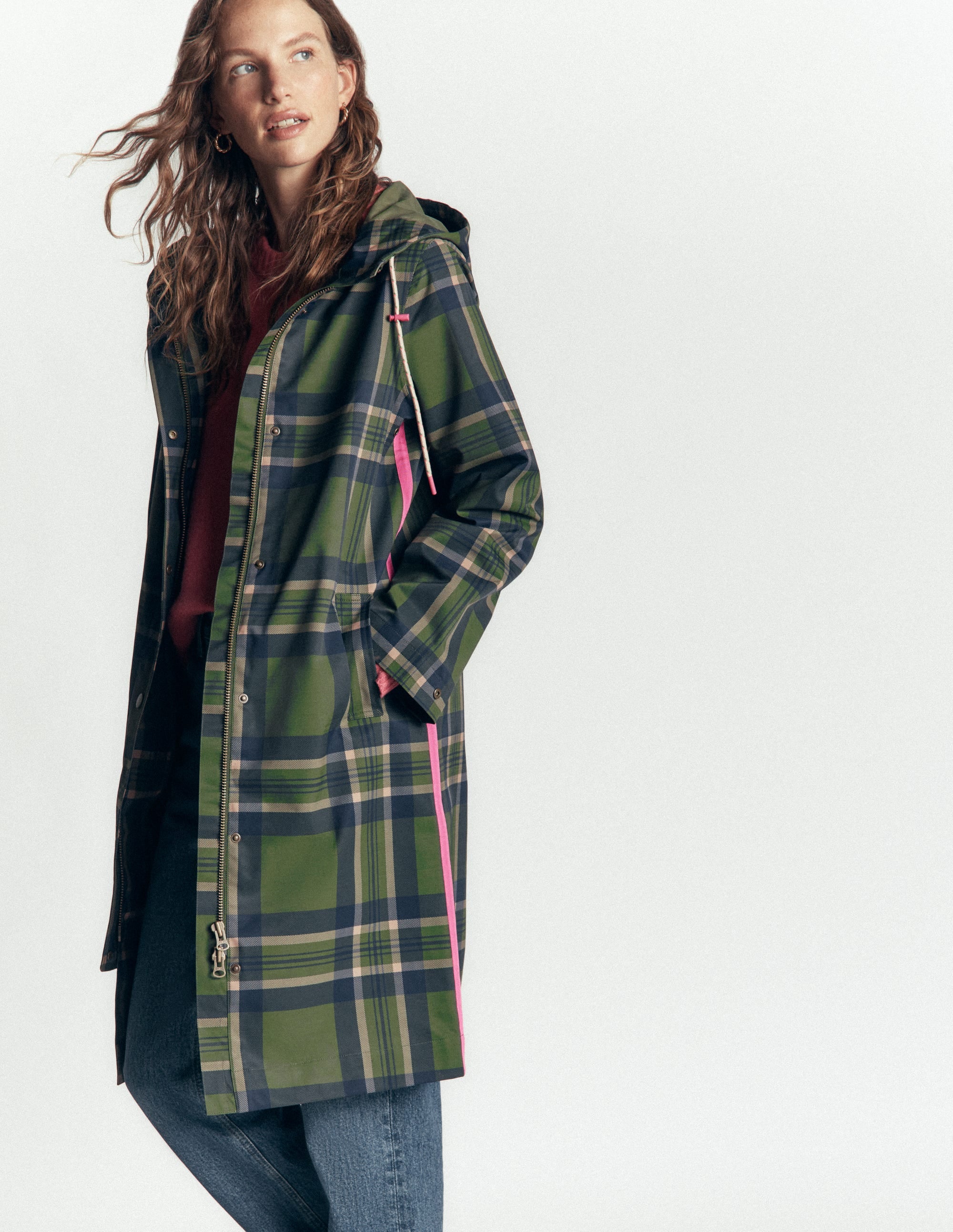 Longline Raincoat-Olive, Navy and Red Check - Image 4