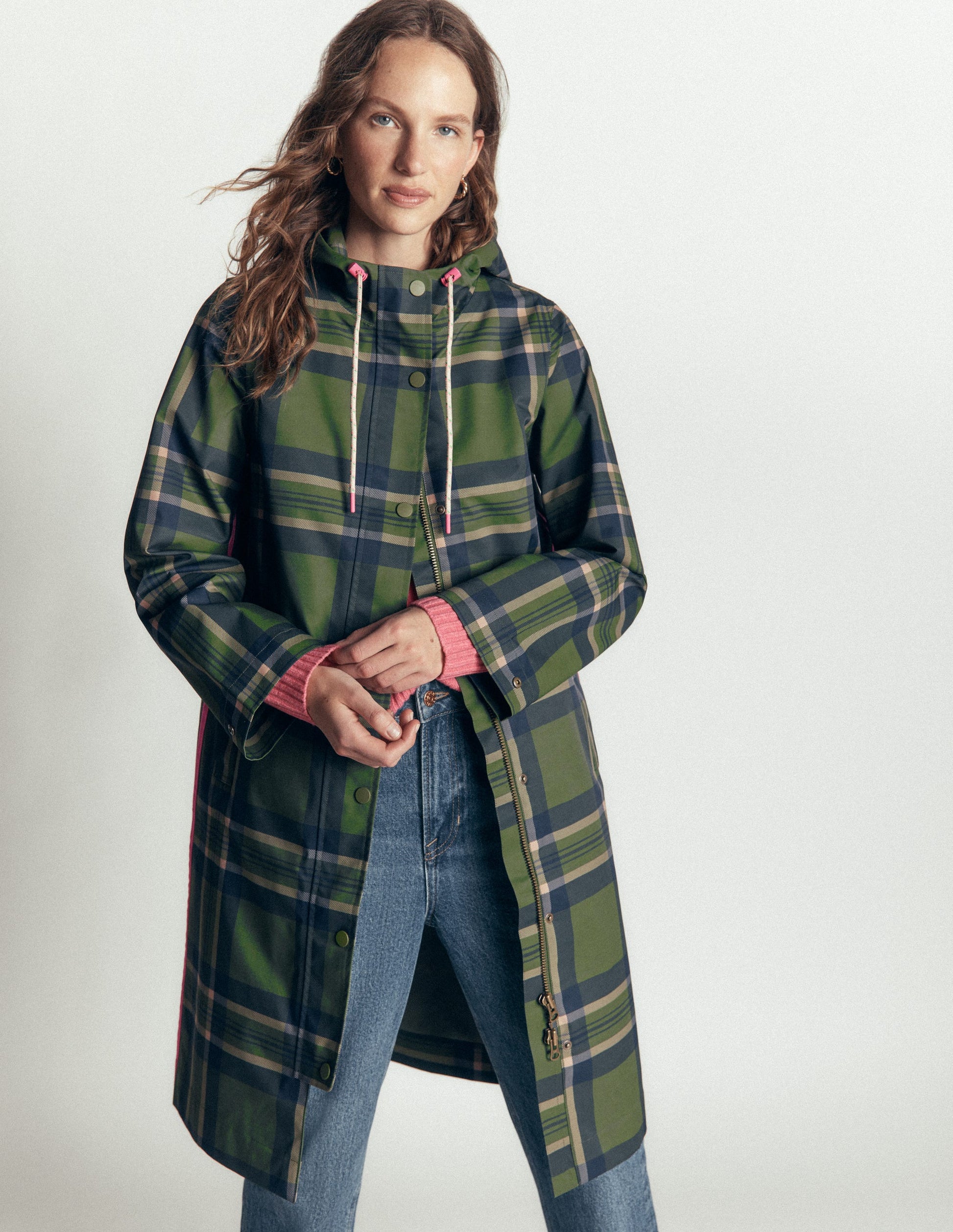 Longline Raincoat-Olive, Navy and Red Check-5