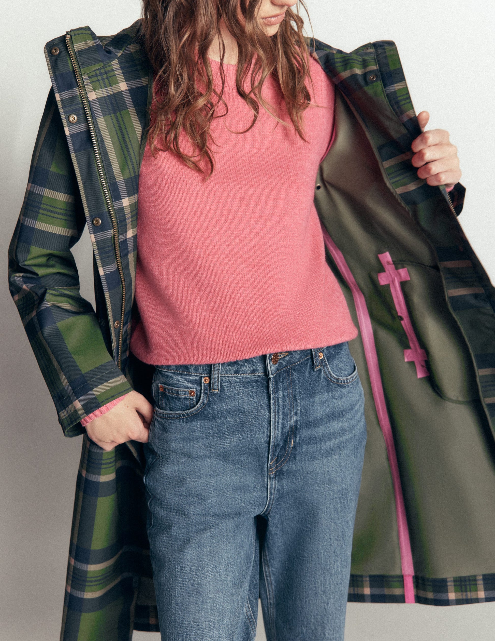 Longline Raincoat-Olive, Navy and Red Check-6